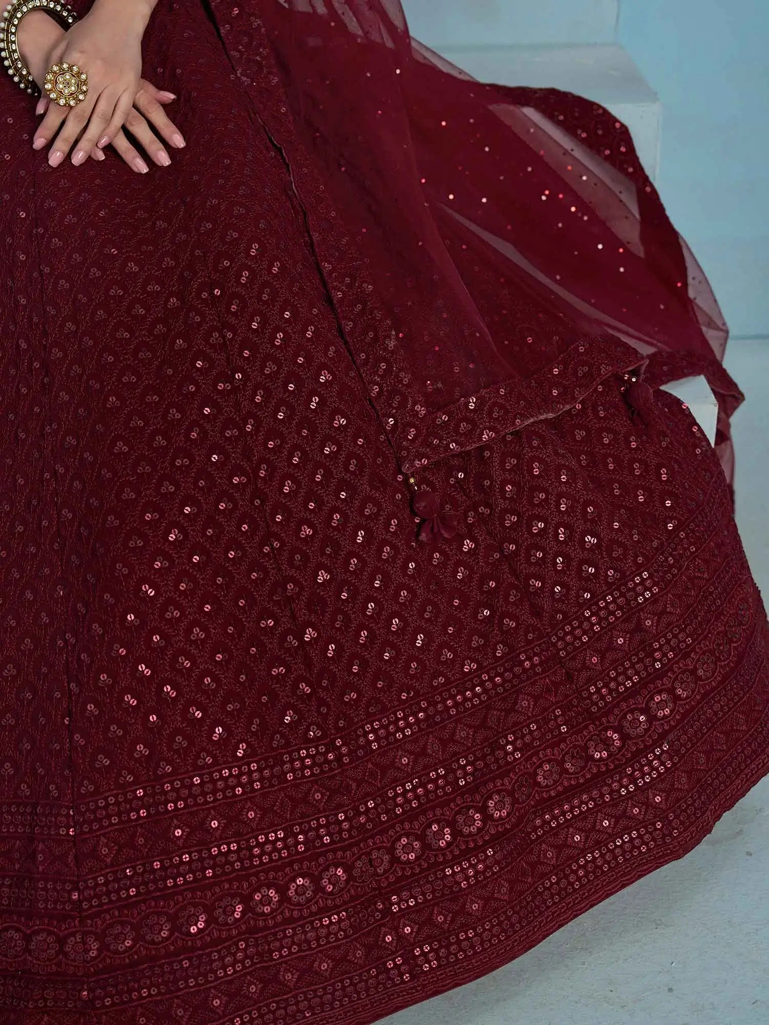 Maroon Designer Lehenga With Sequins Embroidery Work And Dupatta