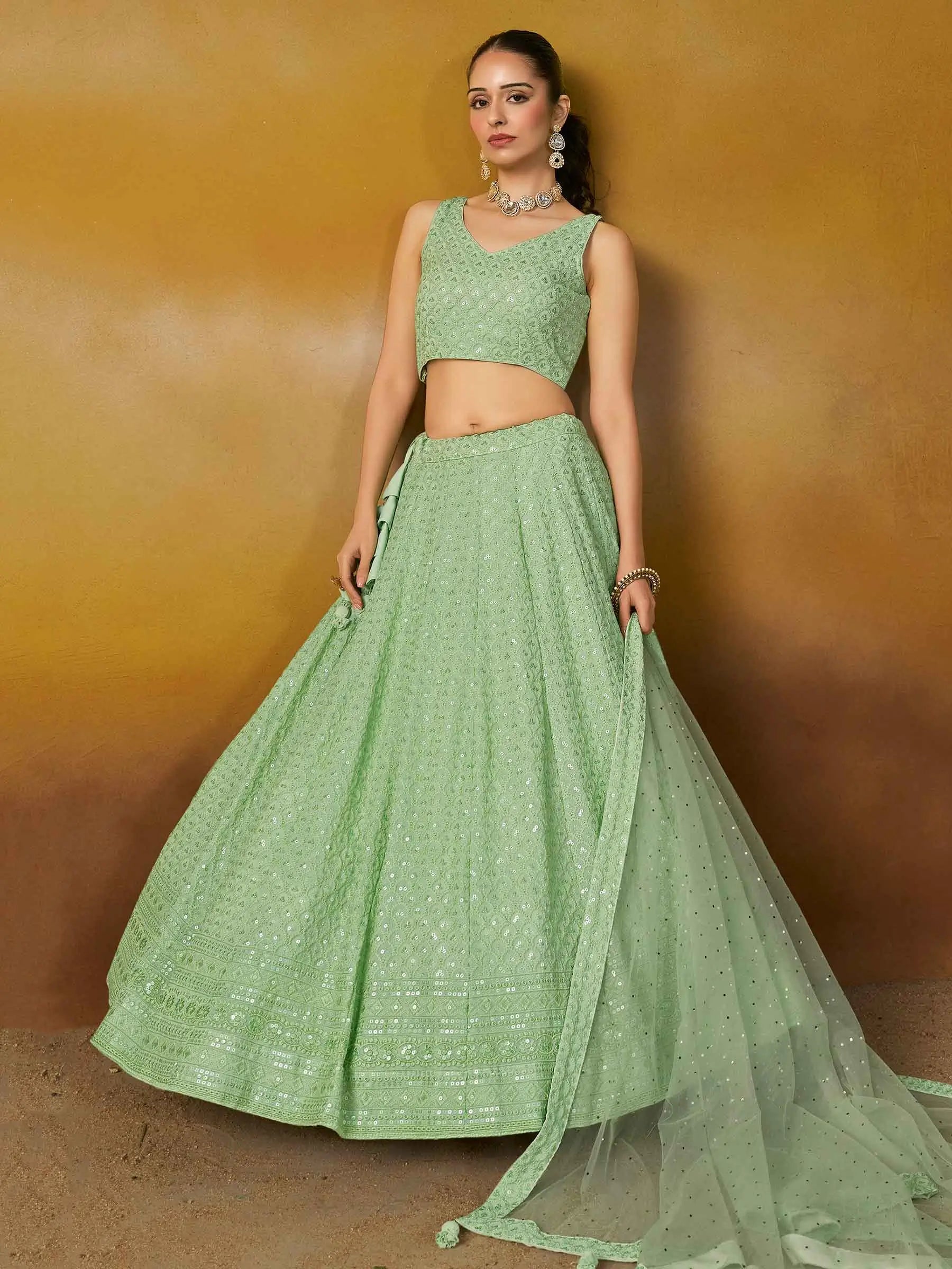 Light Mint green Designer Lehenga With Sequins Embroidery Work And Dupatta - qivii