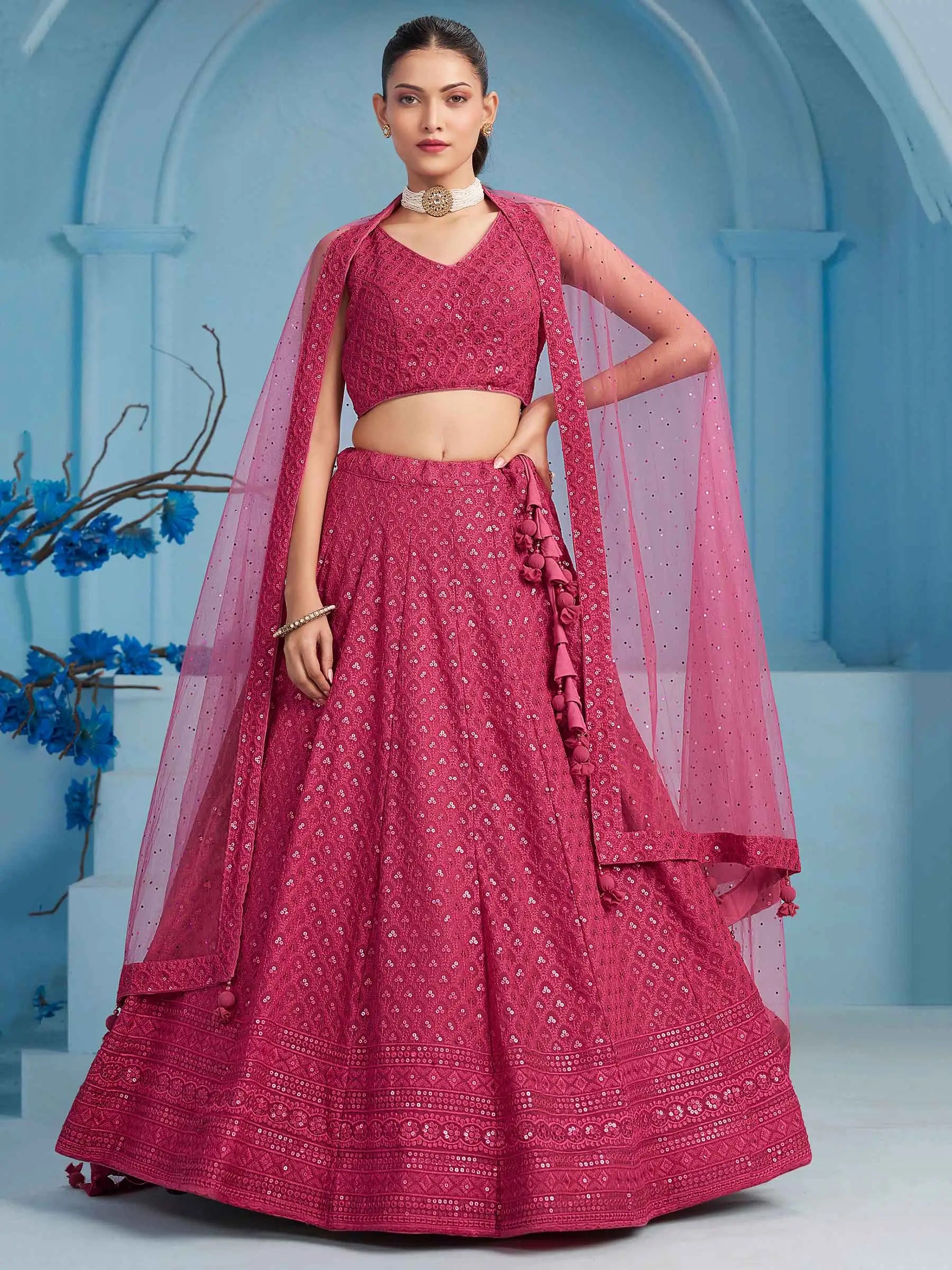 Rosy Pink Party Wear Lehenga With Sequins Embroidery Work And Dupatta - qivii