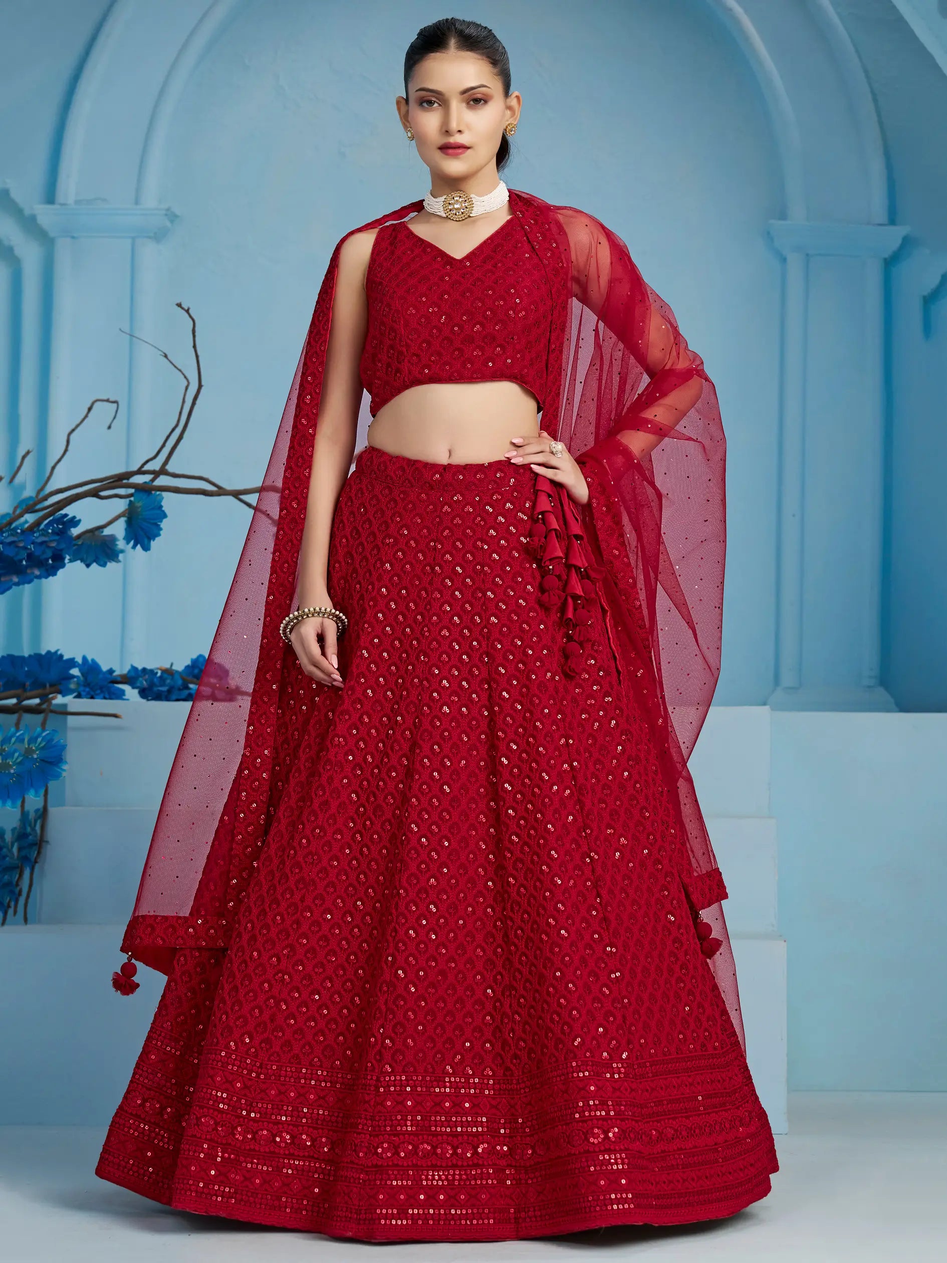Red Party Wear Lehenga With Sequins Embroidery Work And Dupatta - qivii