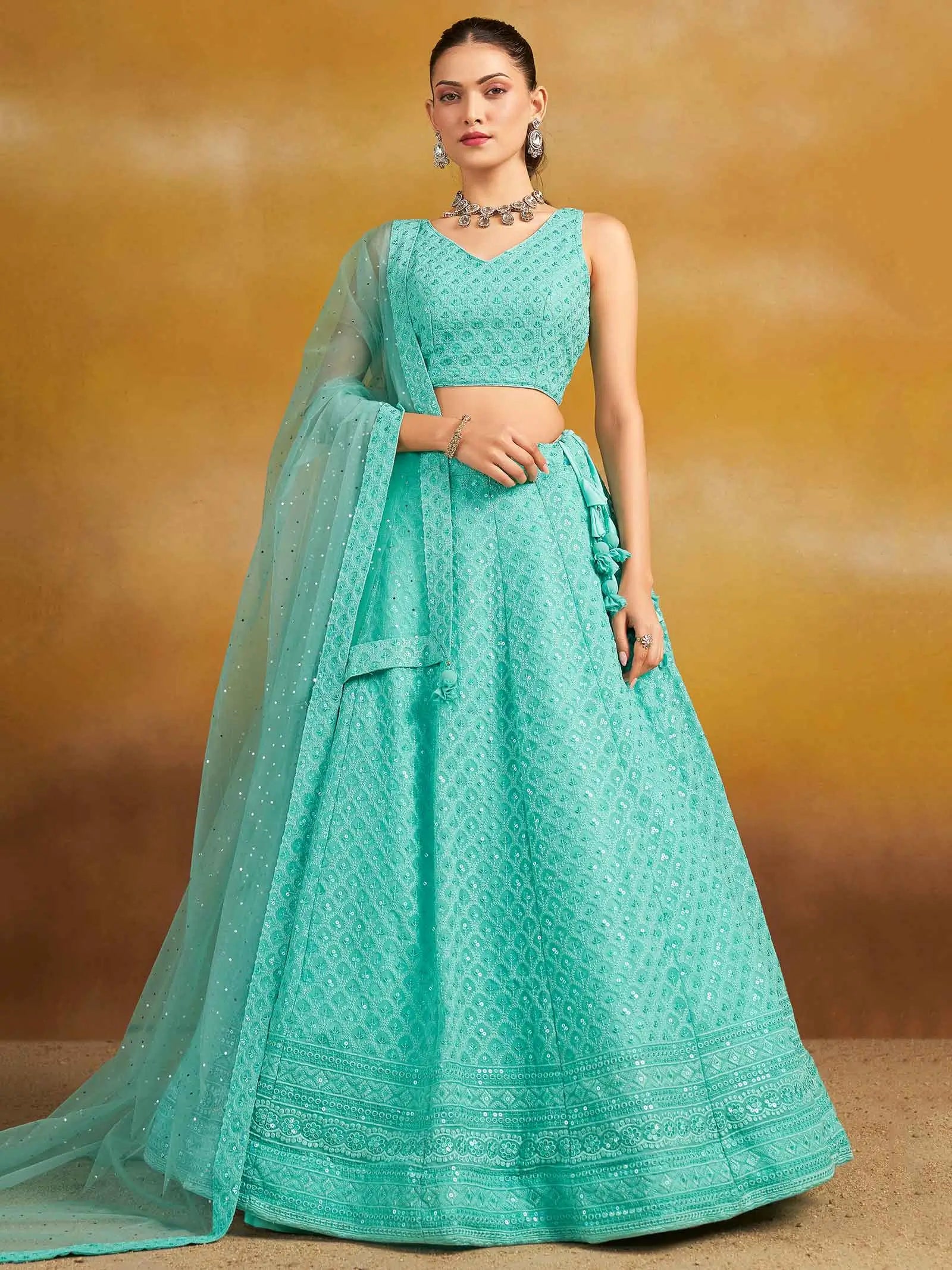 Sky Blue Designer Lehenga With Sequins Embroidery Work And Dupatta - qivii