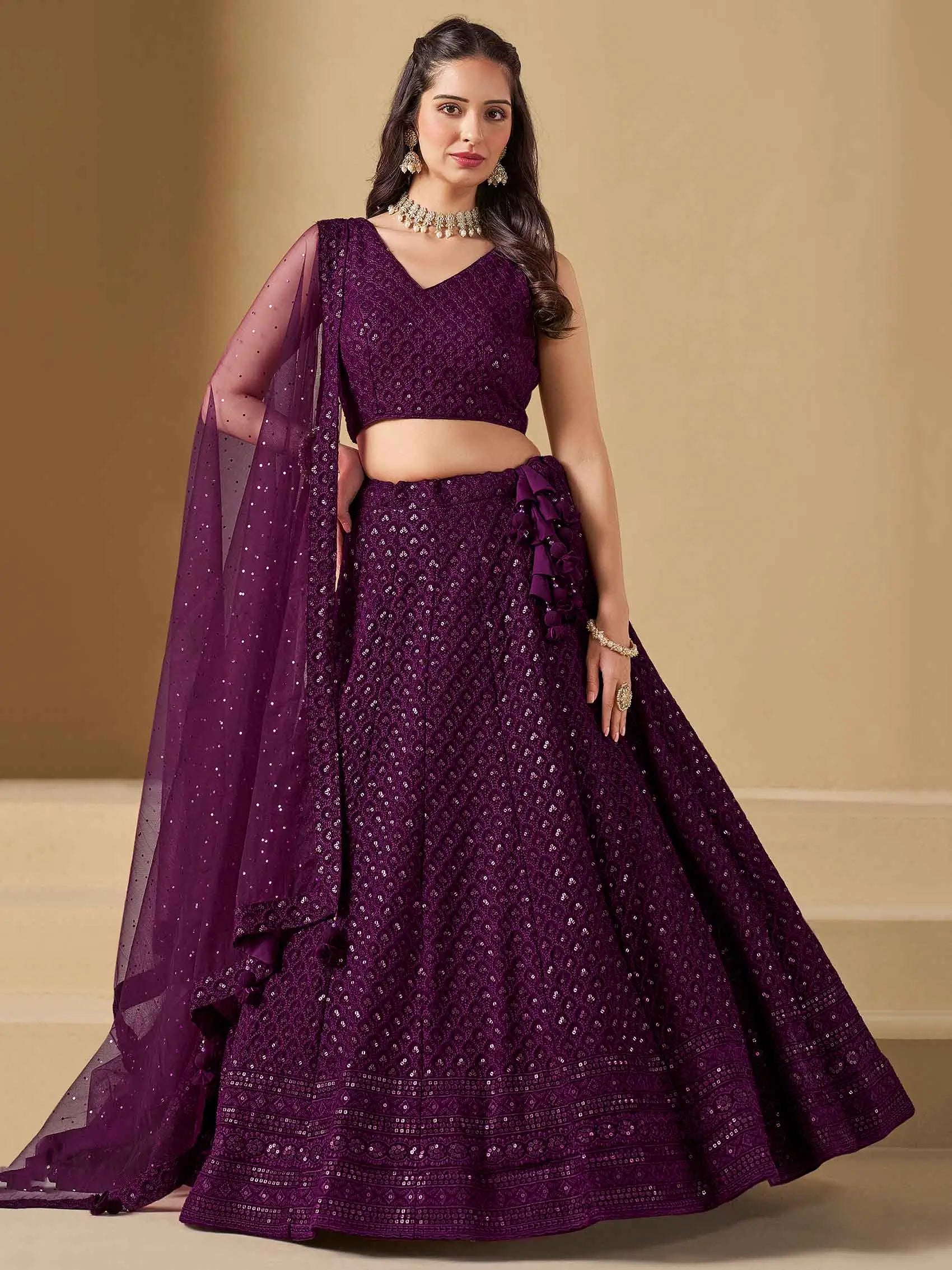 Wine Party Wear Lehenga With Sequins Embroidery Work And Dupatta - qivii