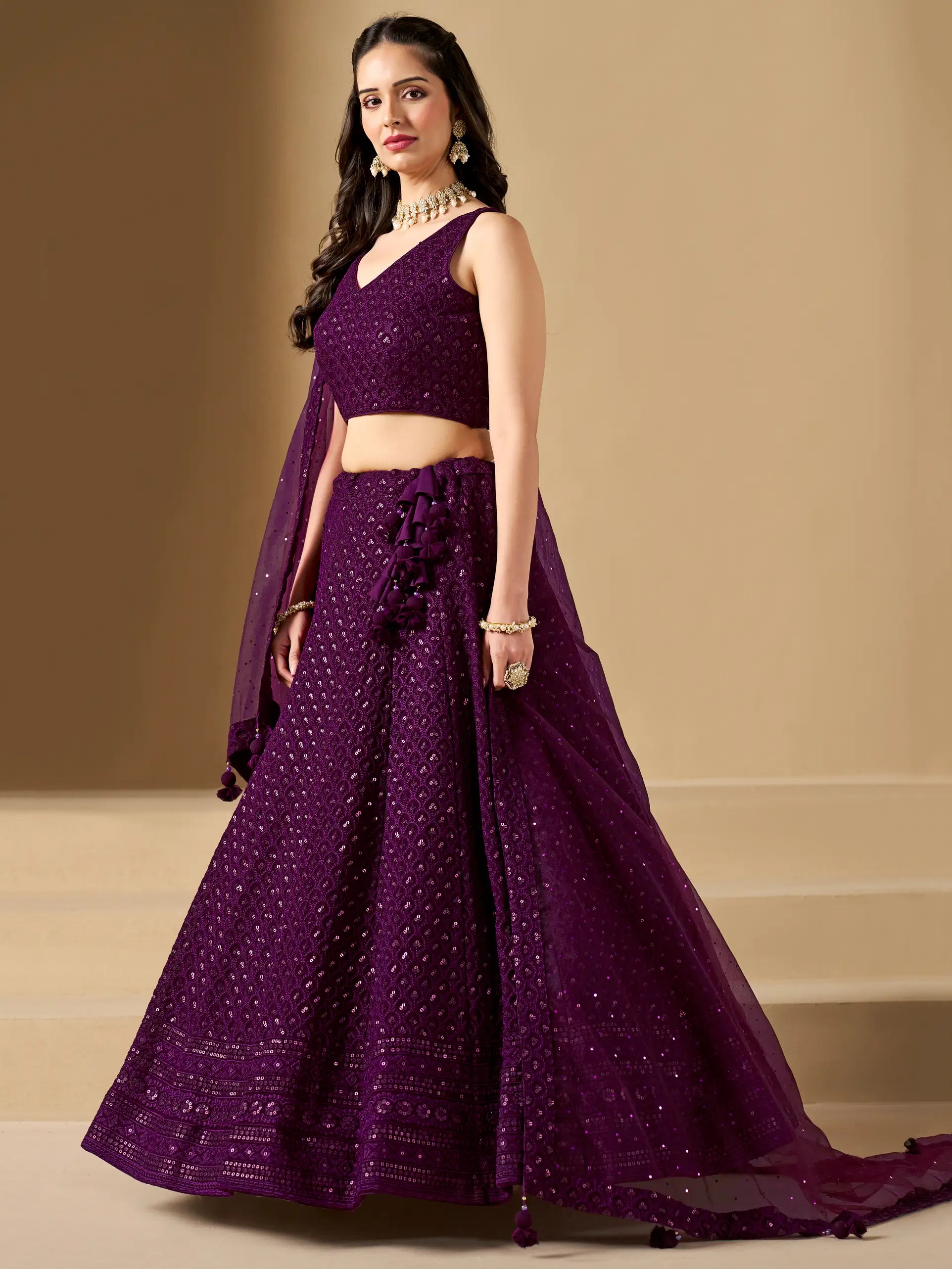 Wine Party Wear Lehenga With Sequins Embroidery Work And Dupatta - qivii