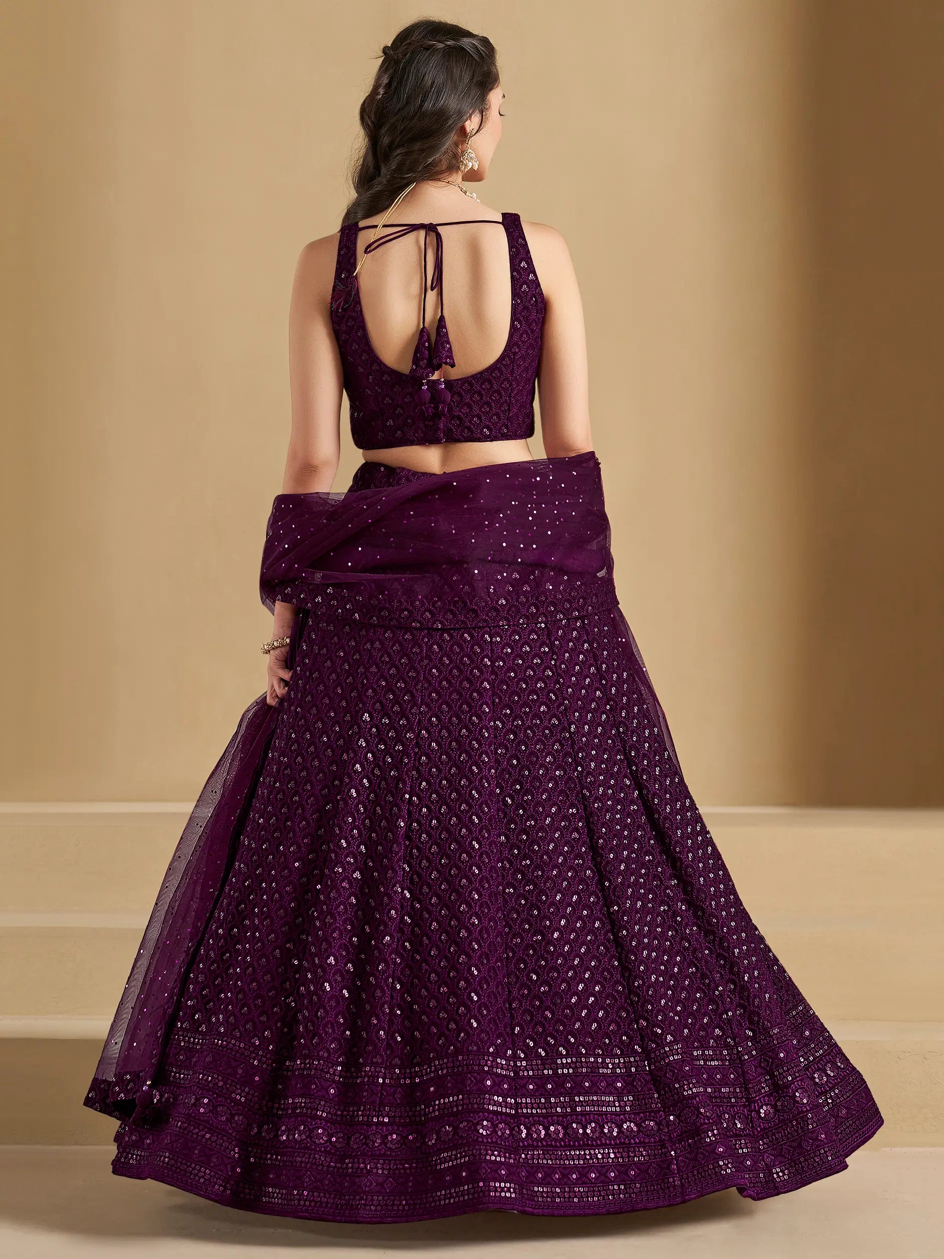 Wine Party Wear Lehenga With Sequins Embroidery Work And Dupatta - qivii