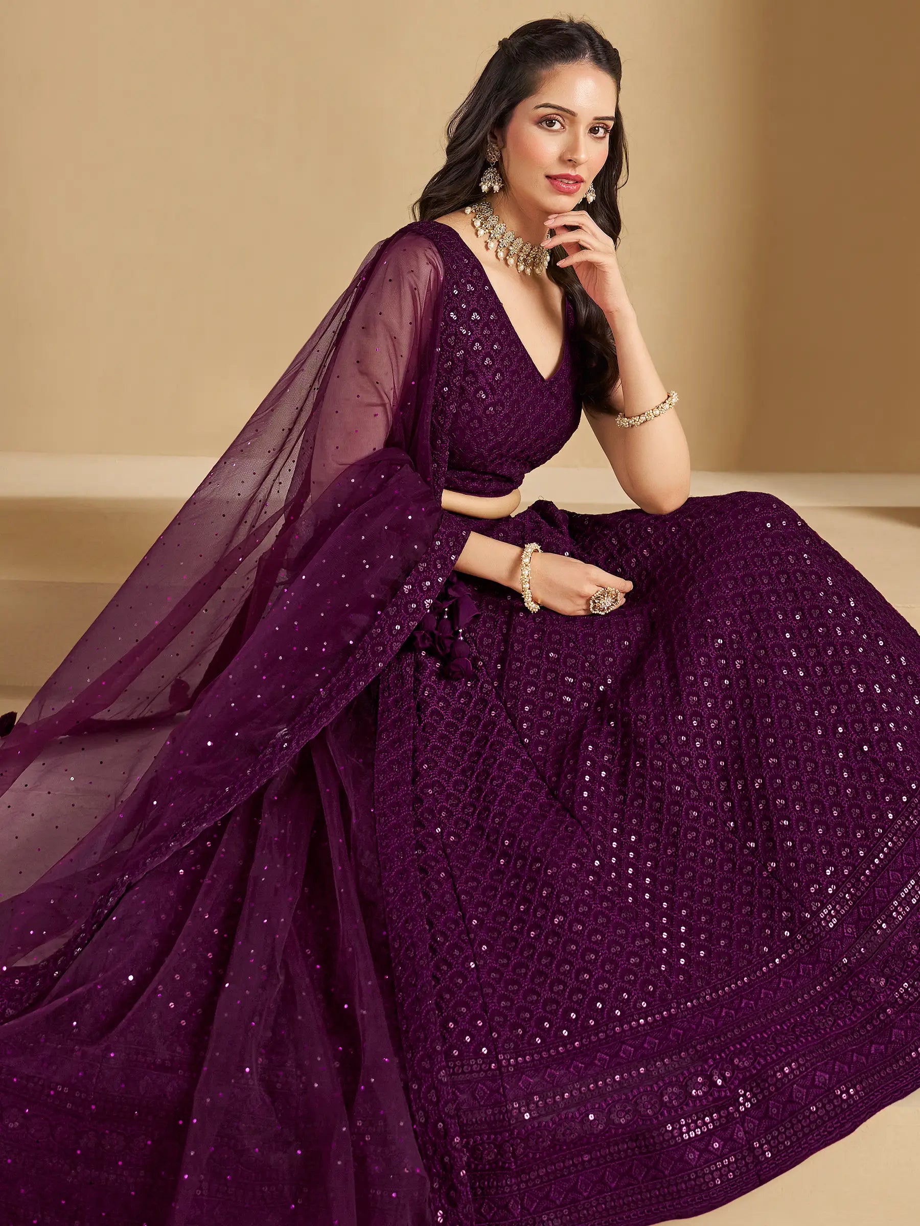Wine Party Wear Lehenga With Sequins Embroidery Work And Dupatta - qivii