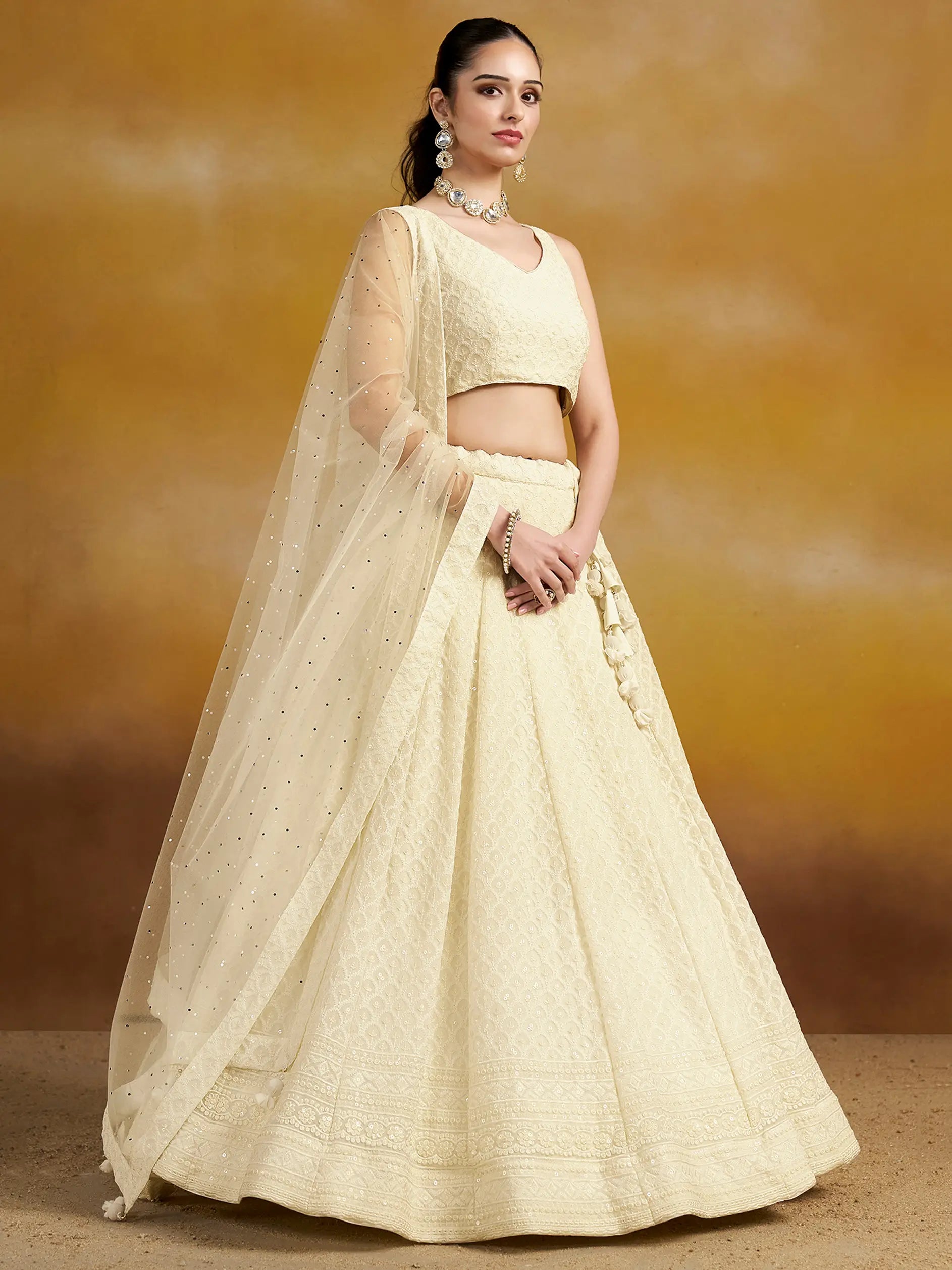 White Party Wear Lehenga With Sequins Embroidery Work And Dupatta - qivii