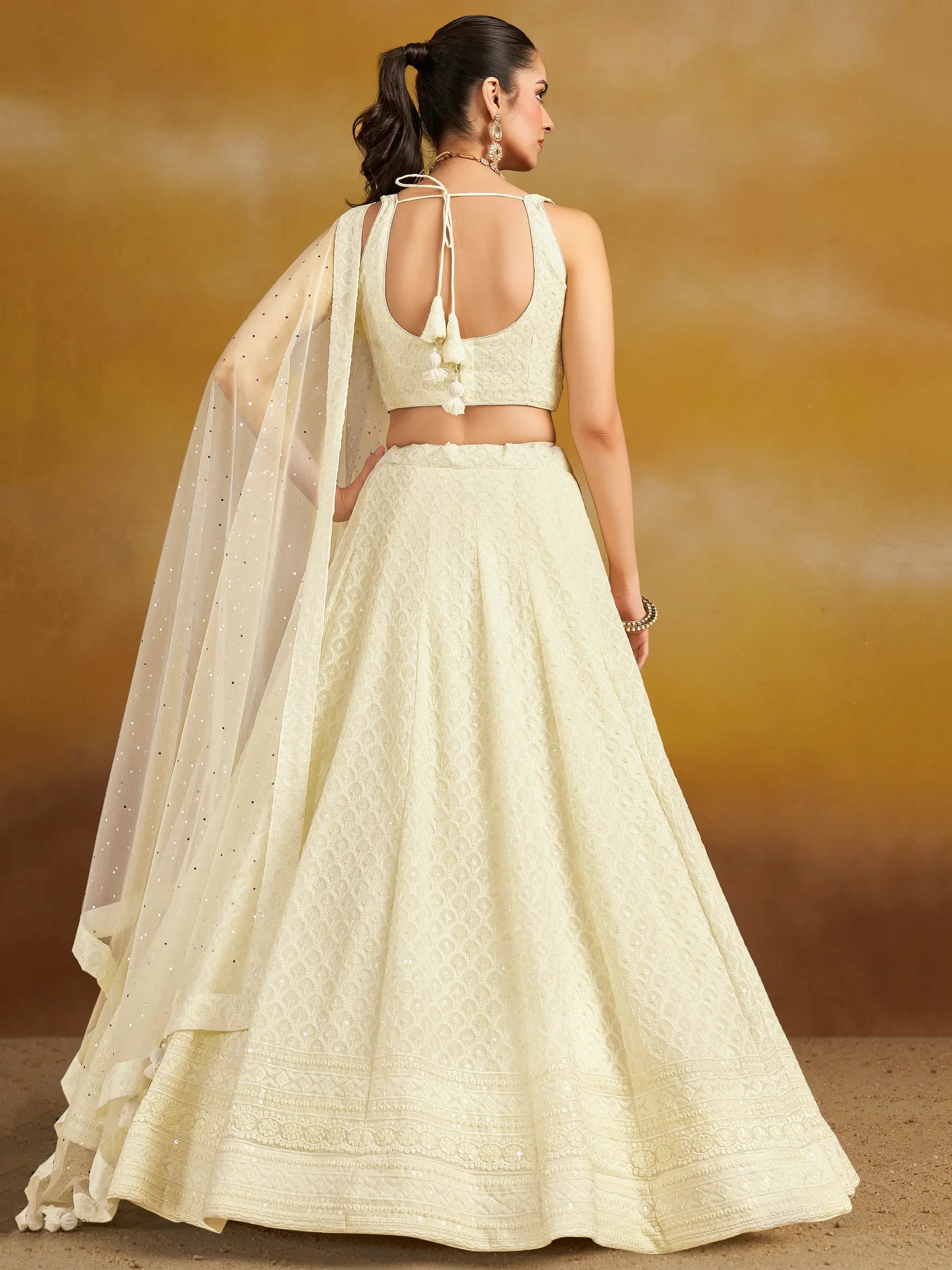 White Party Wear Lehenga With Sequins Embroidery Work And Dupatta - qivii