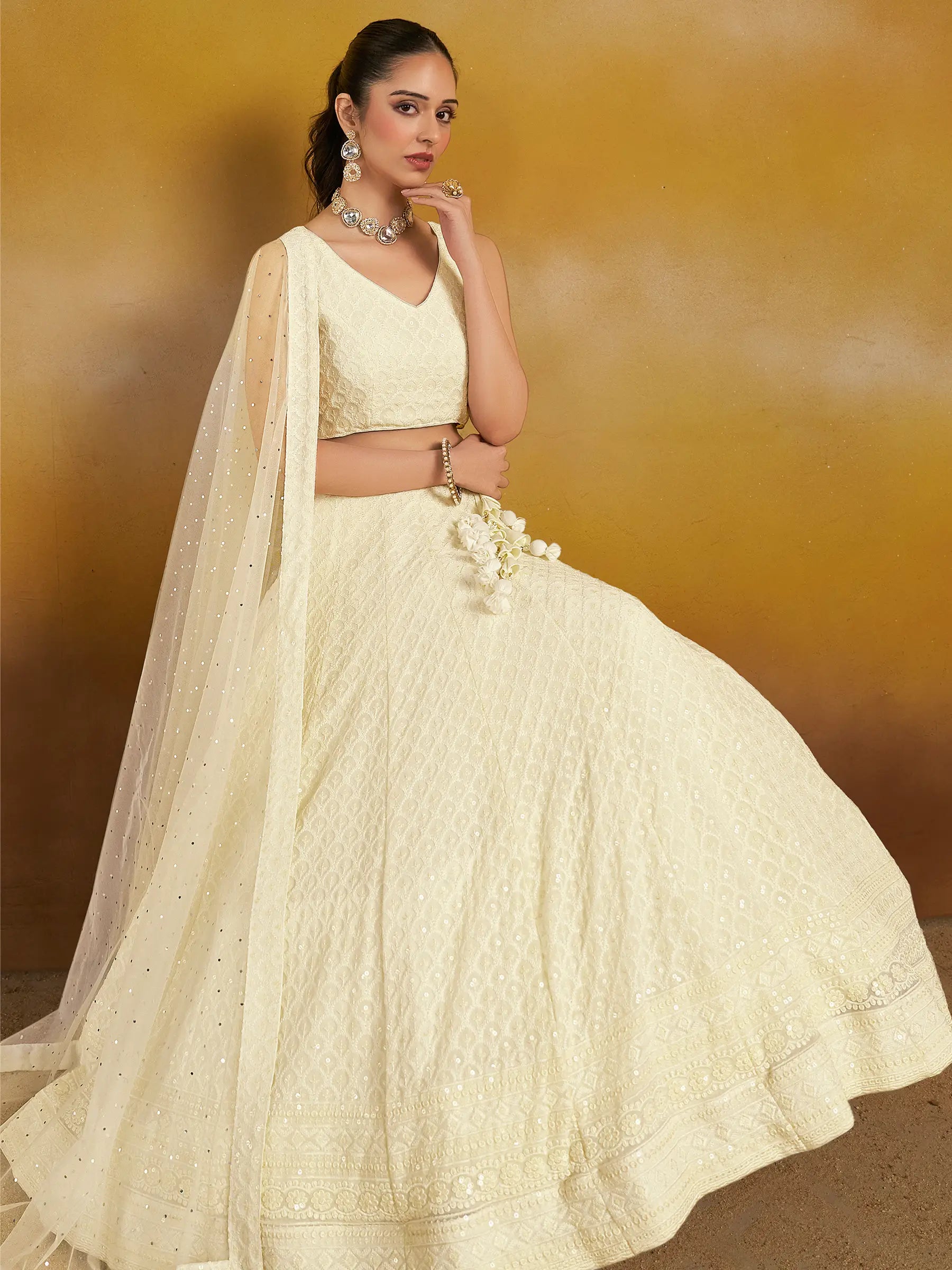 White Party Wear Lehenga With Sequins Embroidery Work And Dupatta - qivii