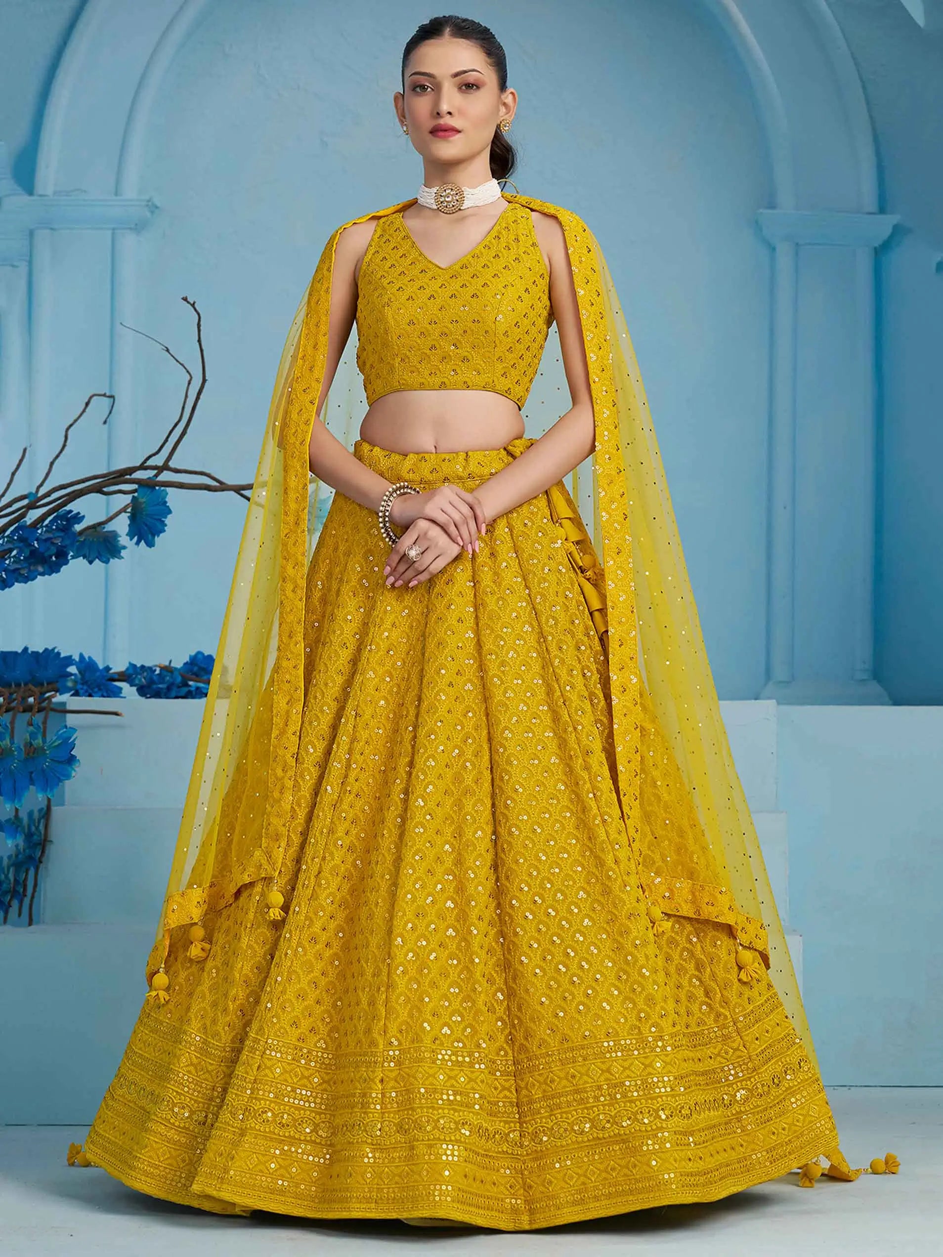 Yellow Beautiful Lehenga With Sequins Embroidery Work And Dupatta - qivii