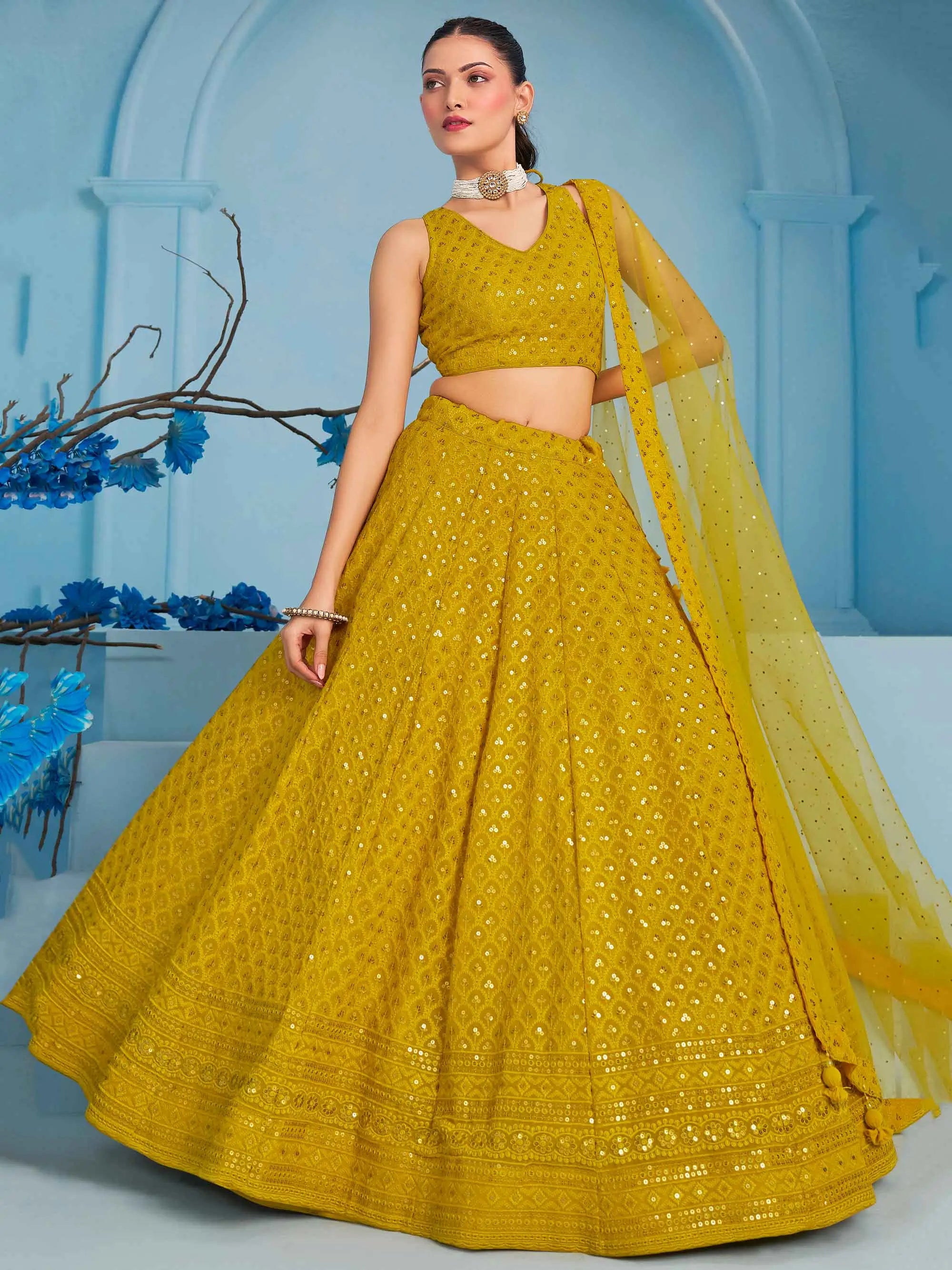 Yellow Beautiful Lehenga With Sequins Embroidery Work And Dupatta - qivii