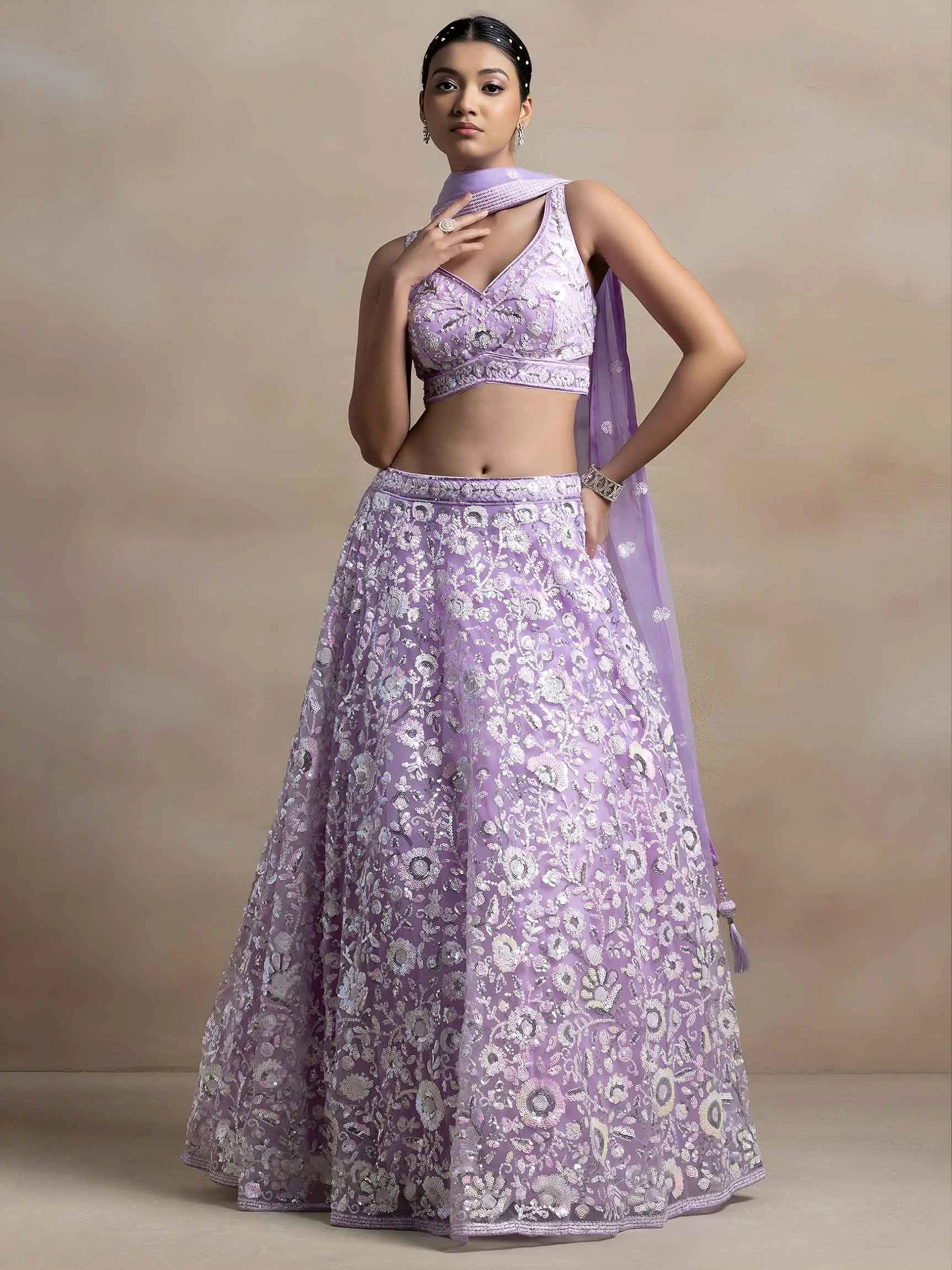 Lavender Sequins Work Net Lehenga Choli