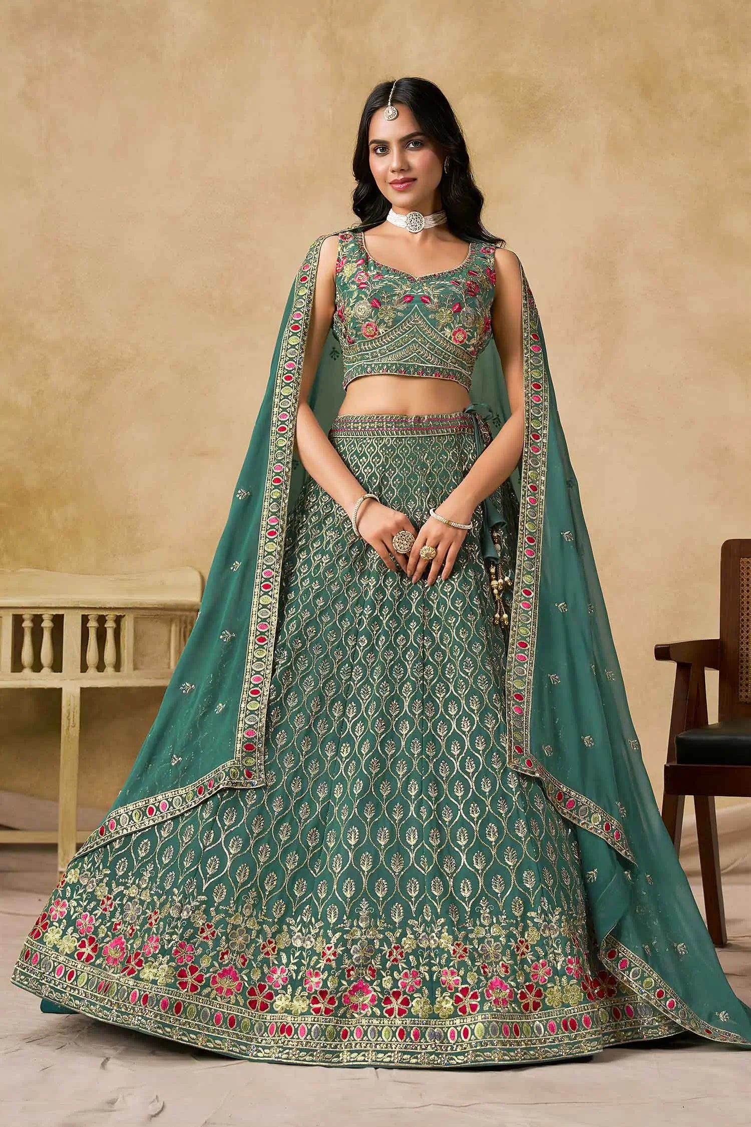 Beetle Green Sequins Embroidery Work Lehenga Choli
