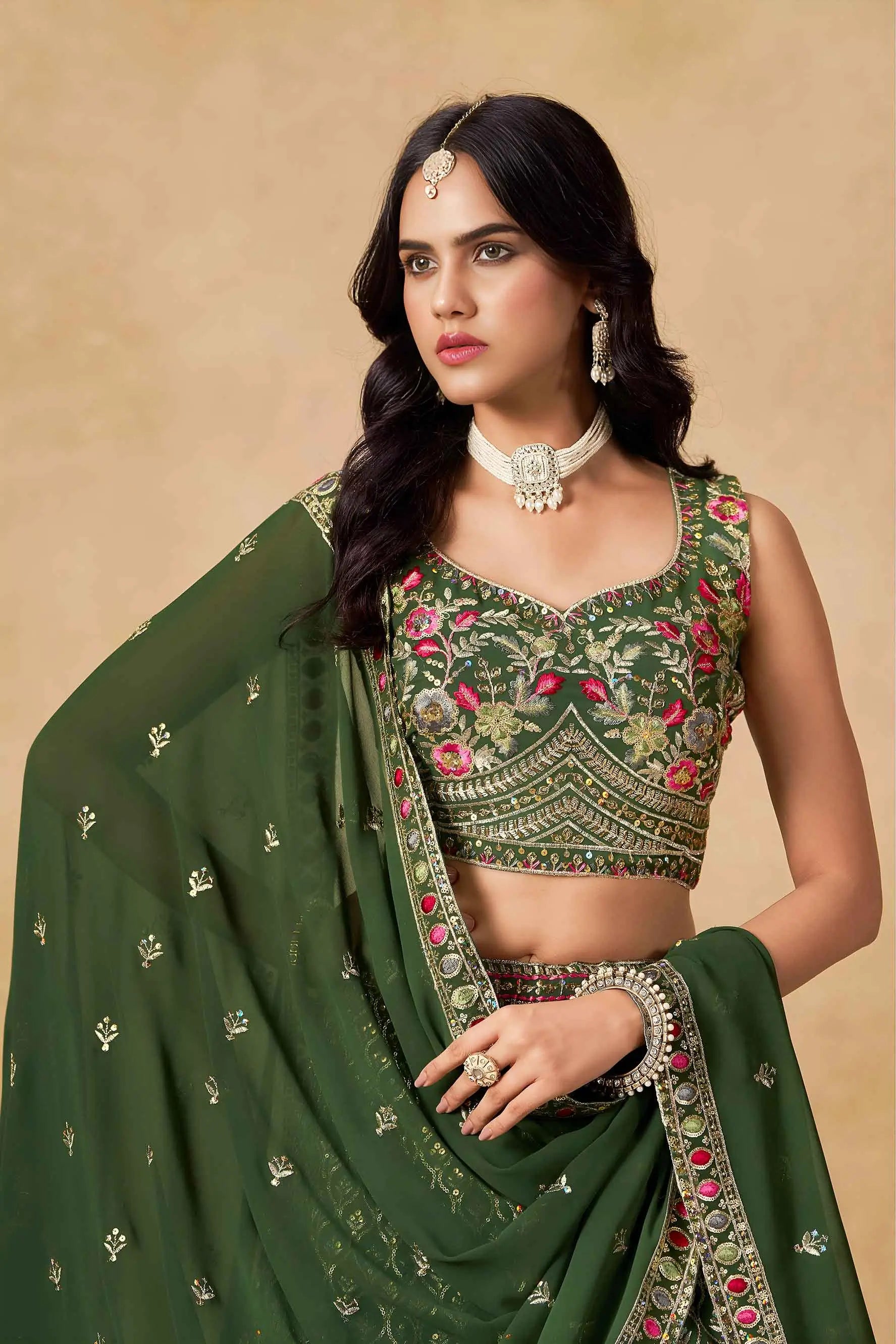 Dark Green Sequins Embroidery Work Lehenga Choli
