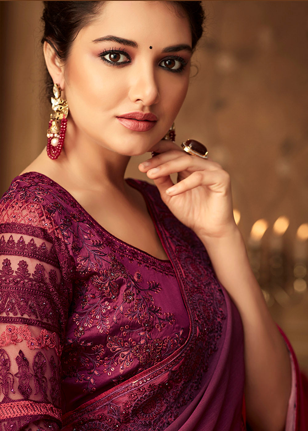 Pink & Purple Designer Embroidered Chiffon Silk Saree with Sequence work - qivii