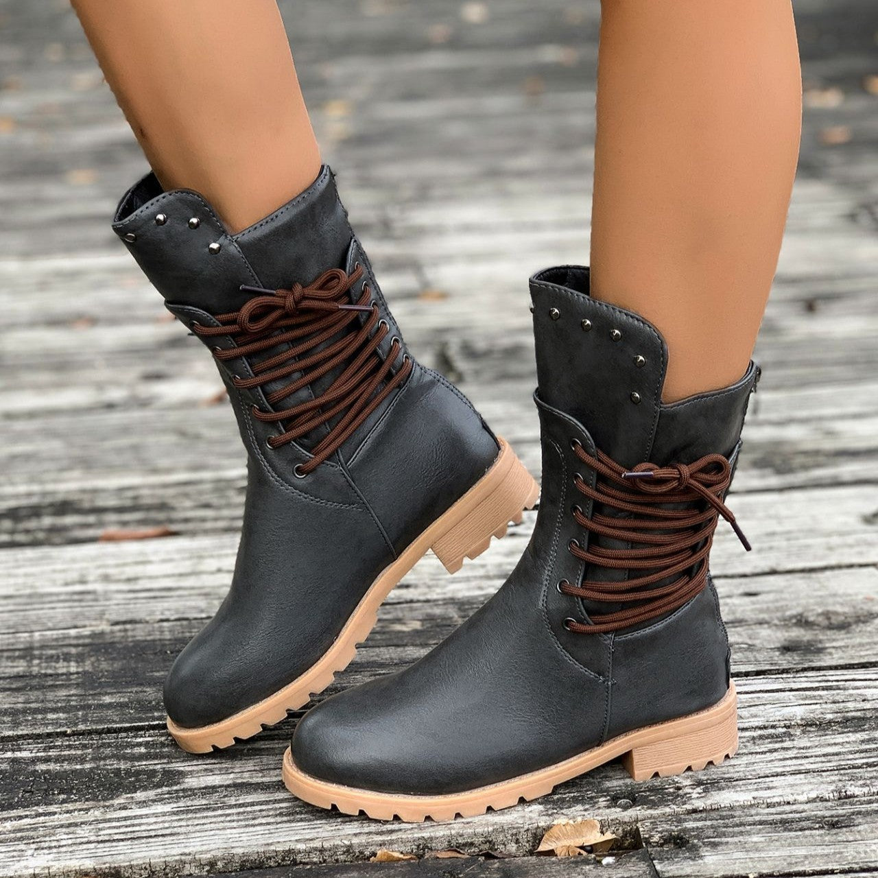 Women's Rivet Roma Boots - Side Lace Chunky Heel Mid Calf Boots (US 4-10.5)