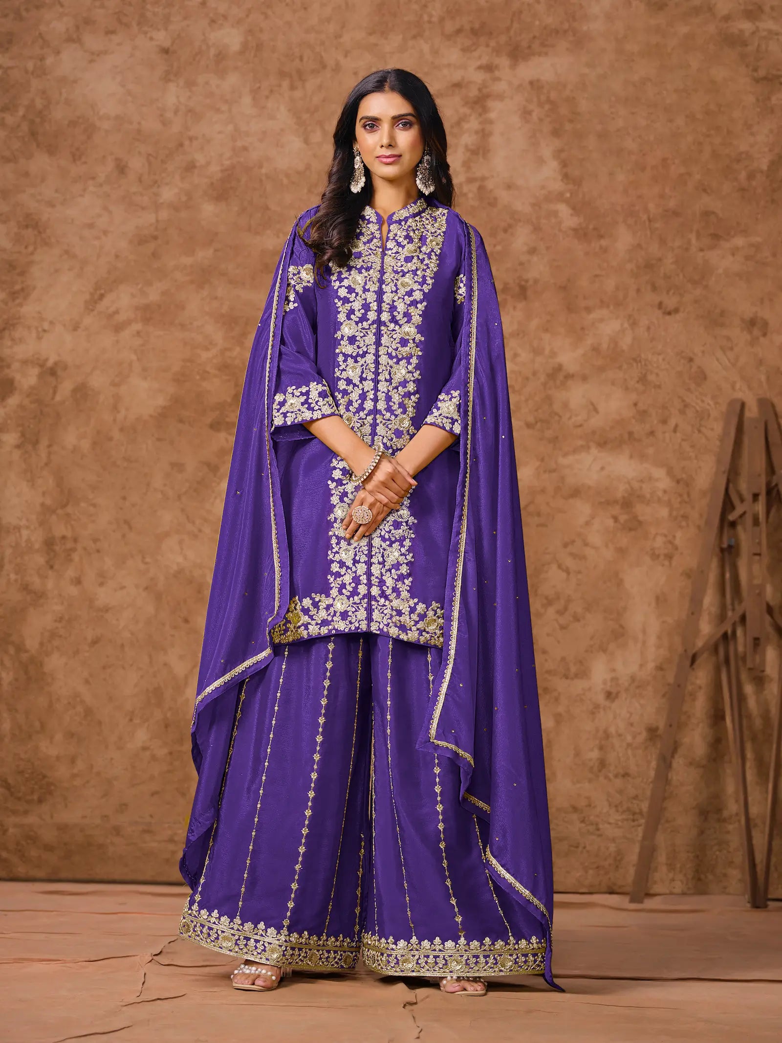 Purple Chinon Palazzo Salwar Suit With Thread & Sequins Embroidery Work - qivii
