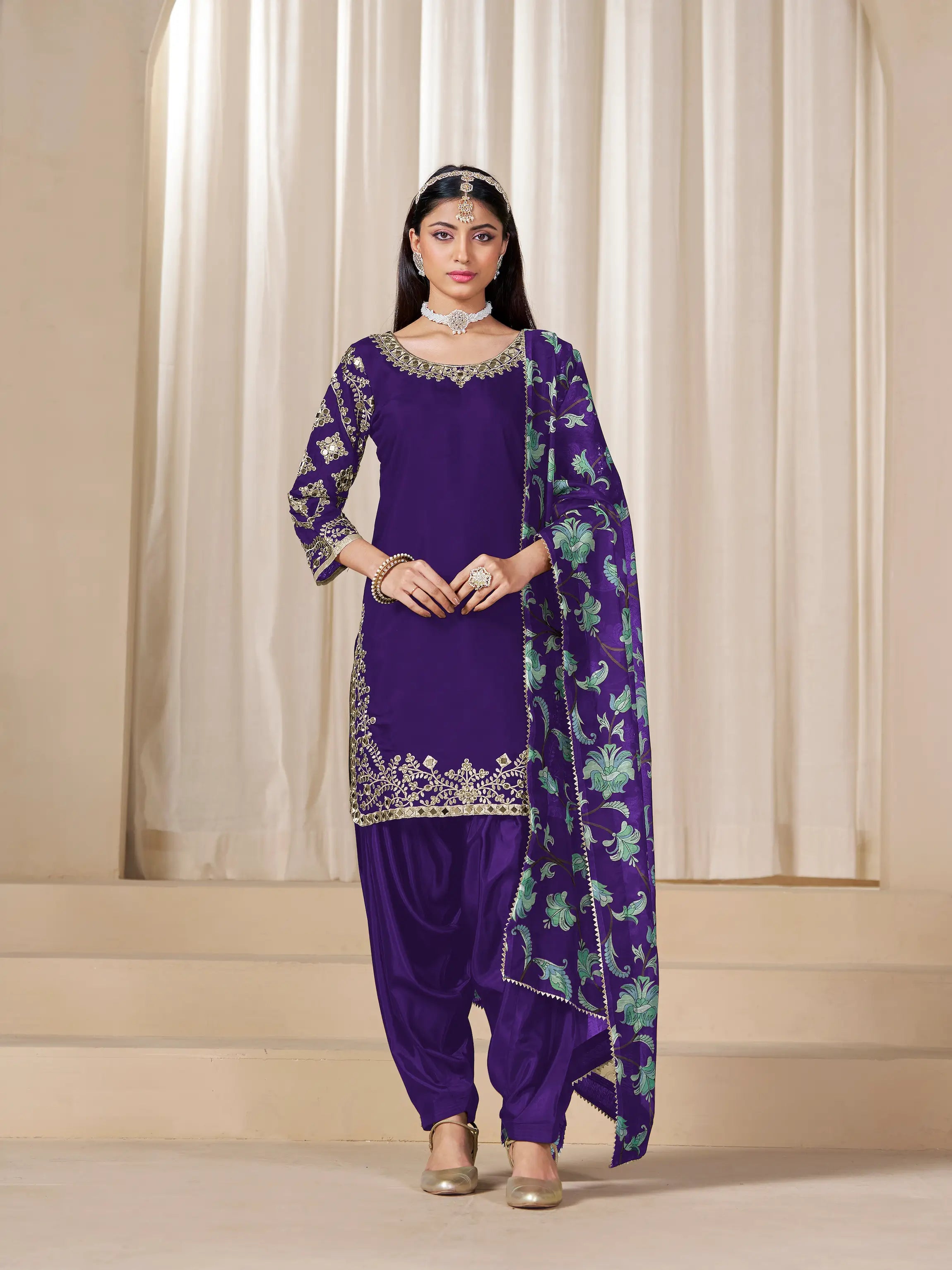 Purple Roman Silk Embroidery Work Salwar Suit - qivii