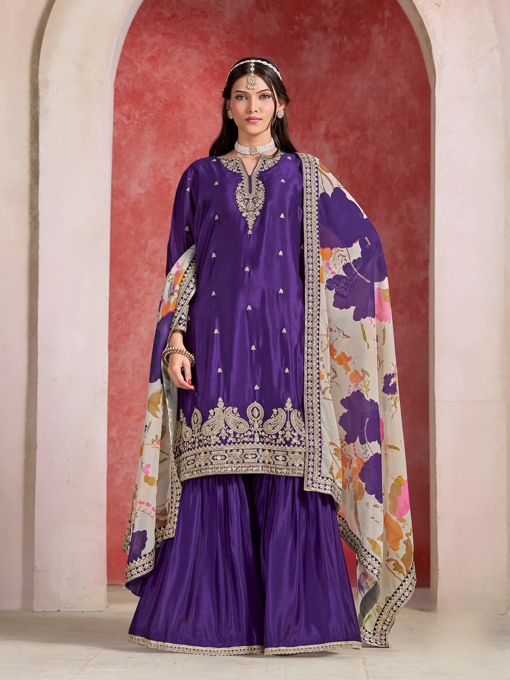 Purple Chinon Embroidery Salwar suit With Organza Dupatta - qivii