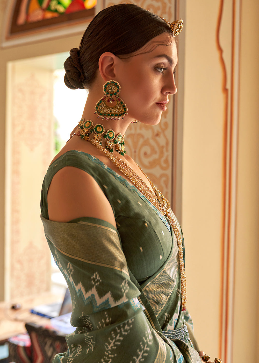 Pistachio Green Designer Printed Silk Saree - qivii