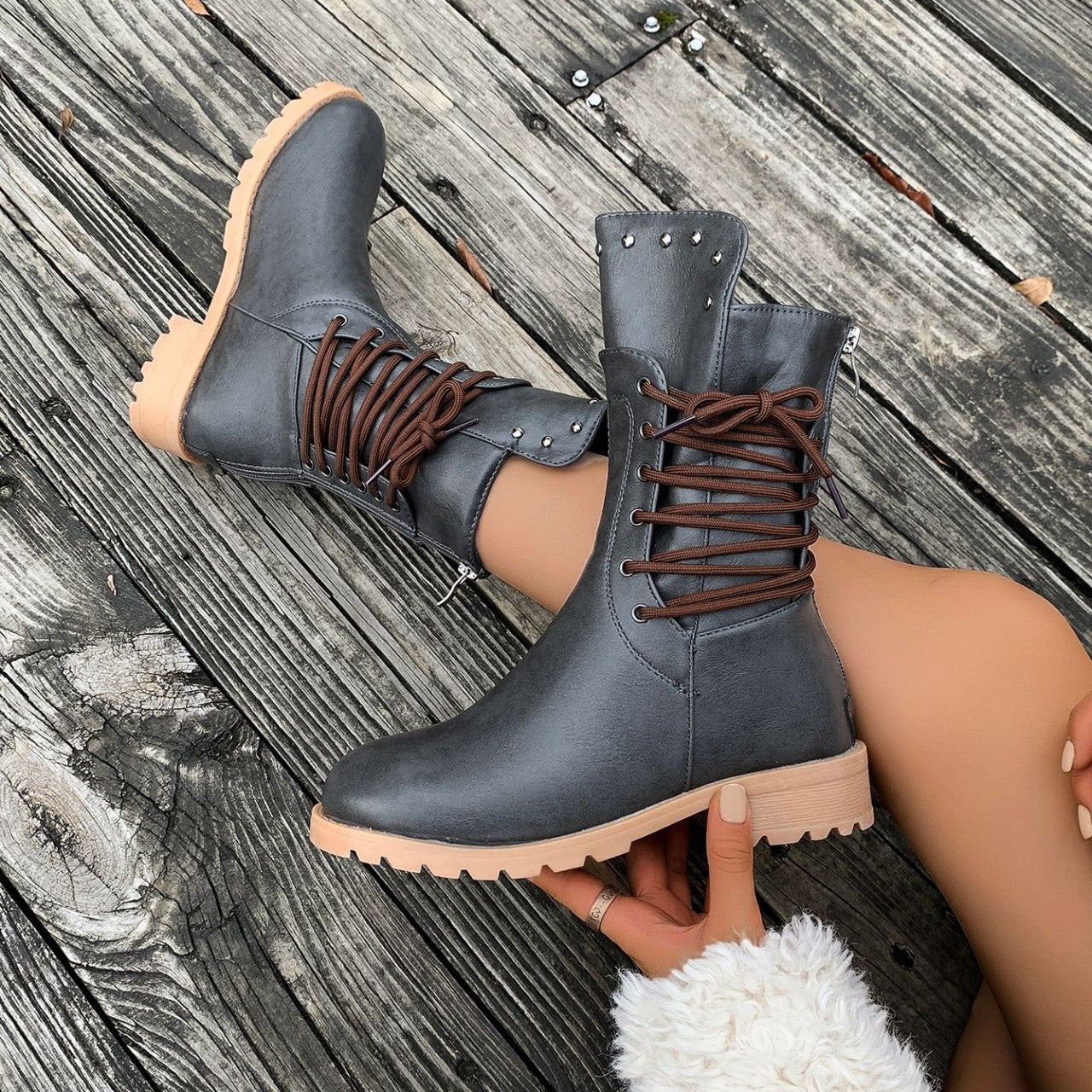 Women's Rivet Roma Boots - Side Lace Chunky Heel Mid Calf Boots (US 4-10.5)