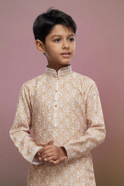 Boy's Beige Cotton Thread Work Kurta Set