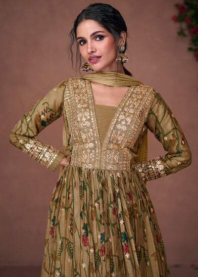 Army Green Floral Printed Organza Silk Anarkali Suit with Embroidery work By Qivii