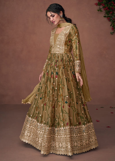Army Green Floral Printed Organza Silk Anarkali Suit with Embroidery work By Qivii
