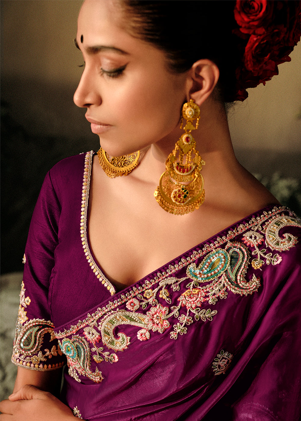 Mardi Gras Purple Dola Silk Saree with Hand Embroidery work - qivii