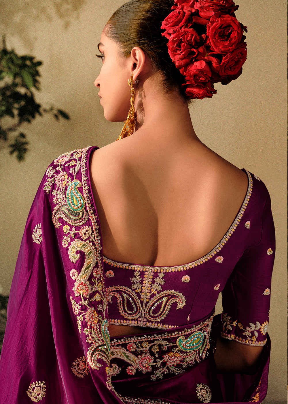 Mardi Gras Purple Dola Silk Saree with Hand Embroidery work - qivii