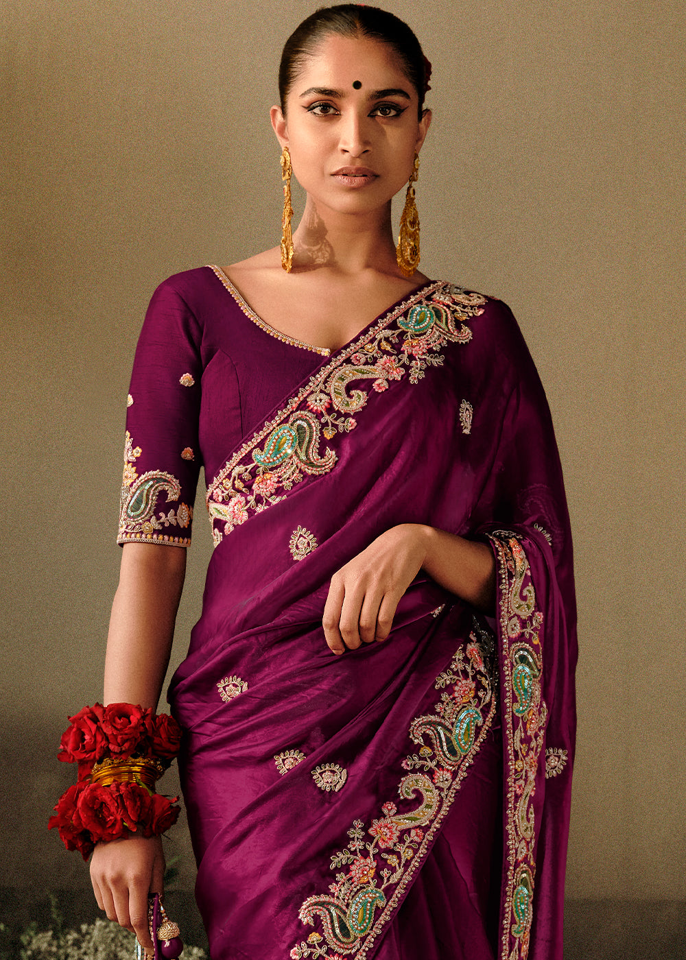 Mardi Gras Purple Dola Silk Saree with Hand Embroidery work - qivii
