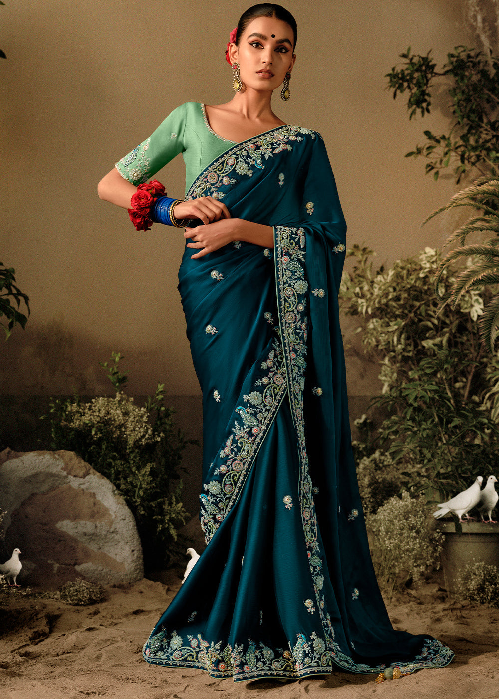 Yankees Blue Dola Silk Saree with Hand Embroidery work - qivii