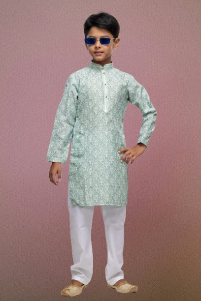 Boy's Light Green Cotton Thread Work Kurta Set