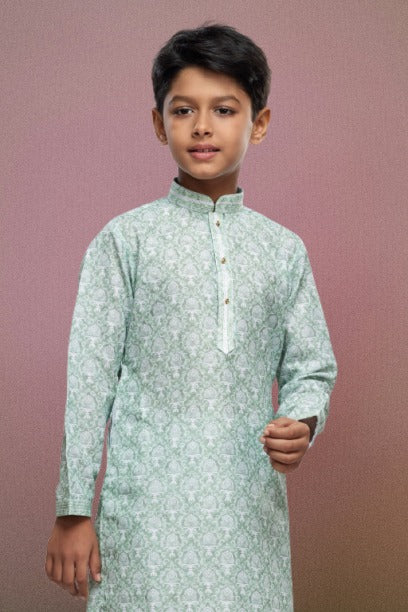 Boy's Light Green Cotton Thread Work Kurta Set
