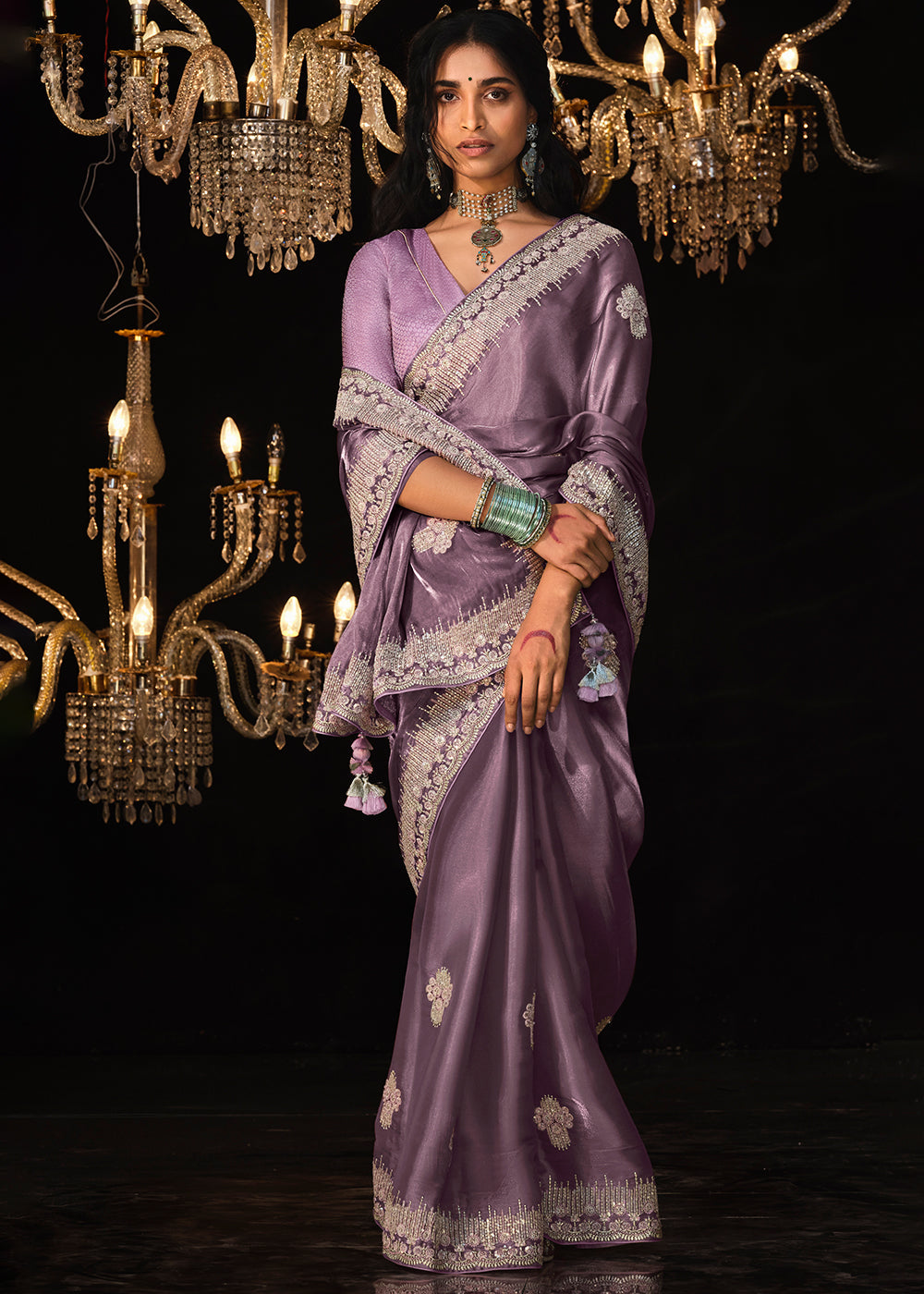 Orchid Purple Satin Silk Saree Embellished with Stone,Sequin,Embroidery & Zarkan work - qivii