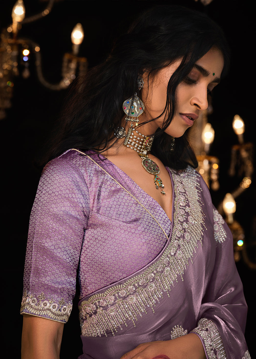Orchid Purple Satin Silk Saree Embellished with Stone,Sequin,Embroidery & Zarkan work - qivii