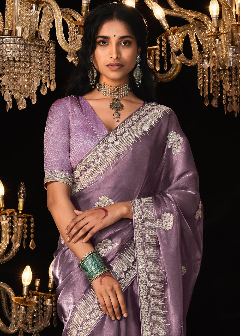 Orchid Purple Satin Silk Saree Embellished with Stone,Sequin,Embroidery & Zarkan work - qivii