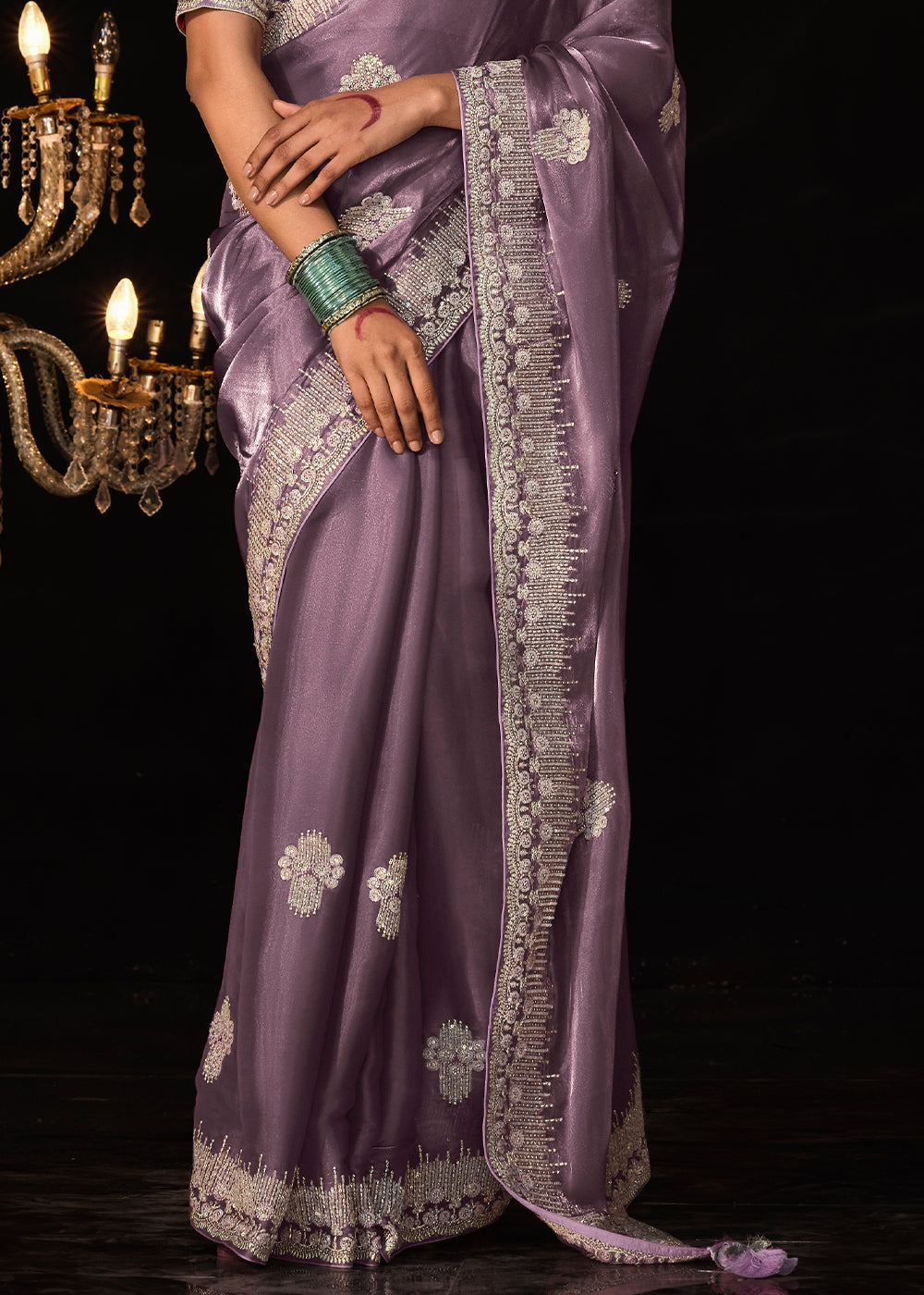Orchid Purple Satin Silk Saree Embellished with Stone,Sequin,Embroidery & Zarkan work - qivii