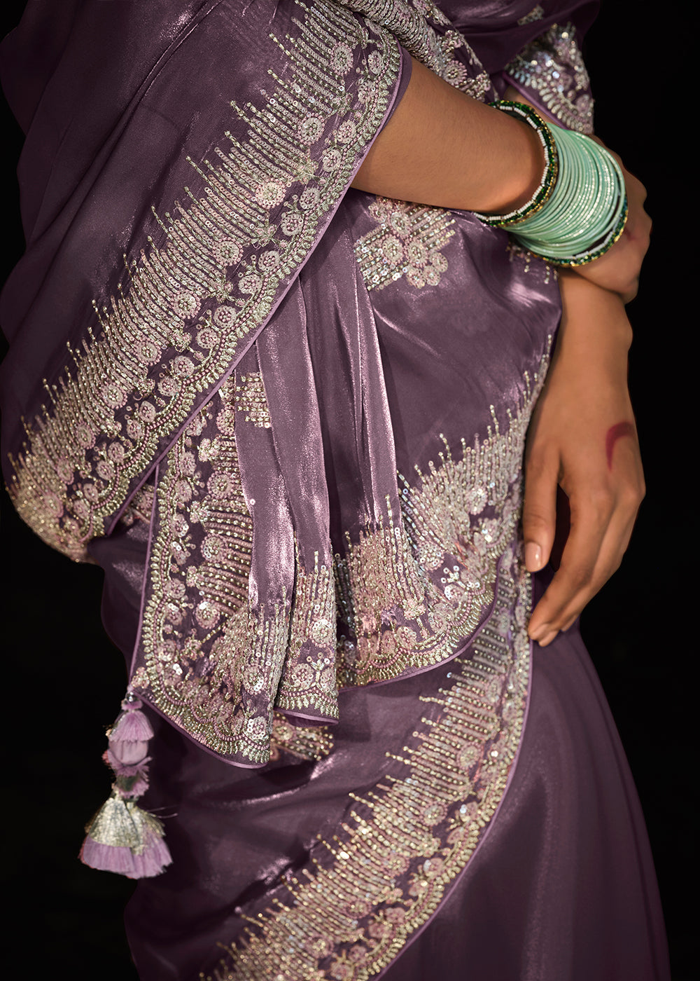 Orchid Purple Satin Silk Saree Embellished with Stone,Sequin,Embroidery & Zarkan work - qivii