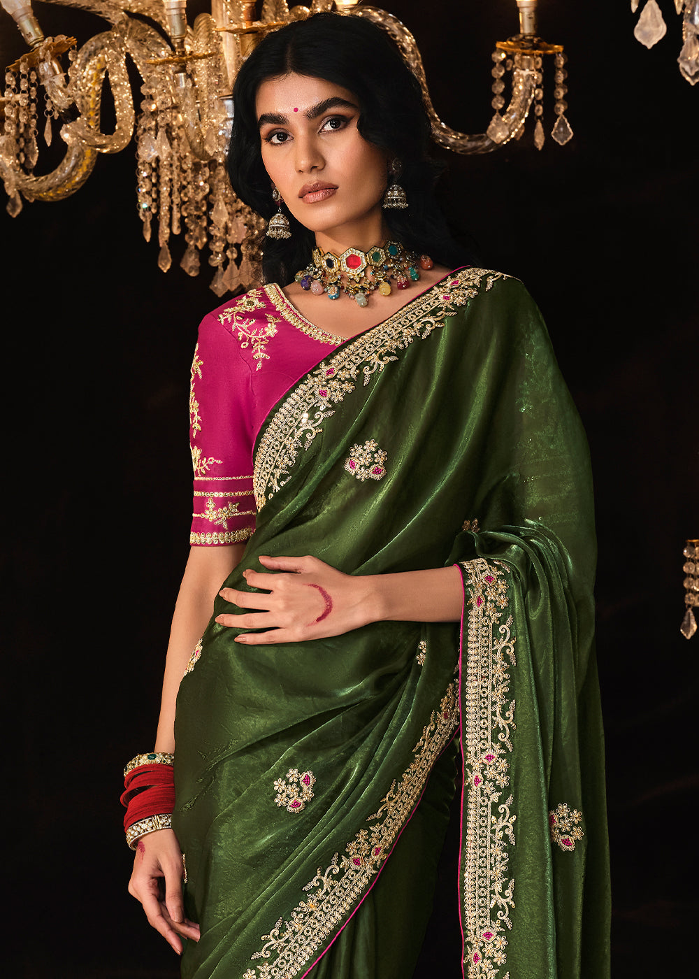 Dark Green Satin Silk Saree Embellished with Stone,Sequin,Embroidery & Zarkan work - qivii