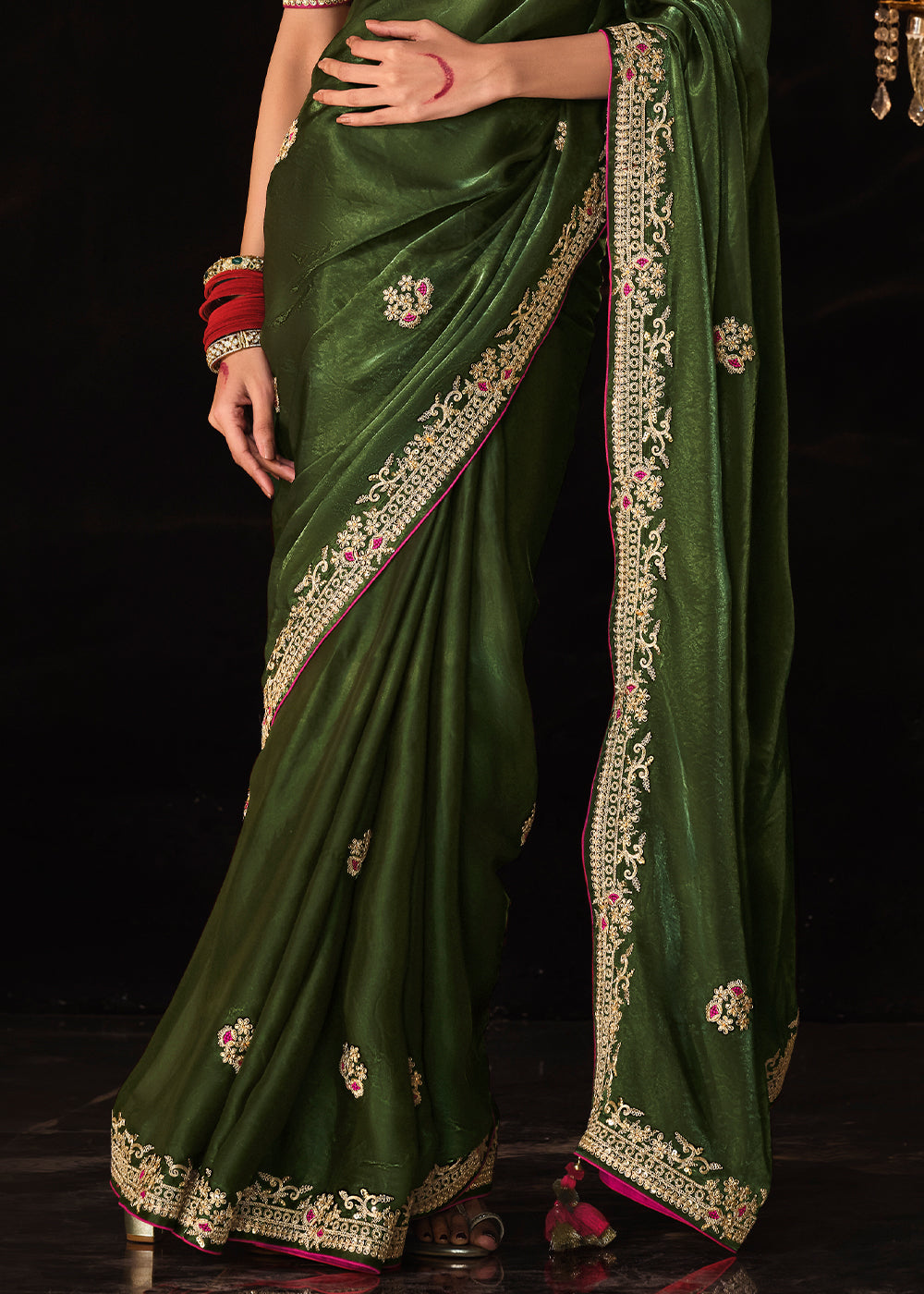 Dark Green Satin Silk Saree Embellished with Stone,Sequin,Embroidery & Zarkan work - qivii