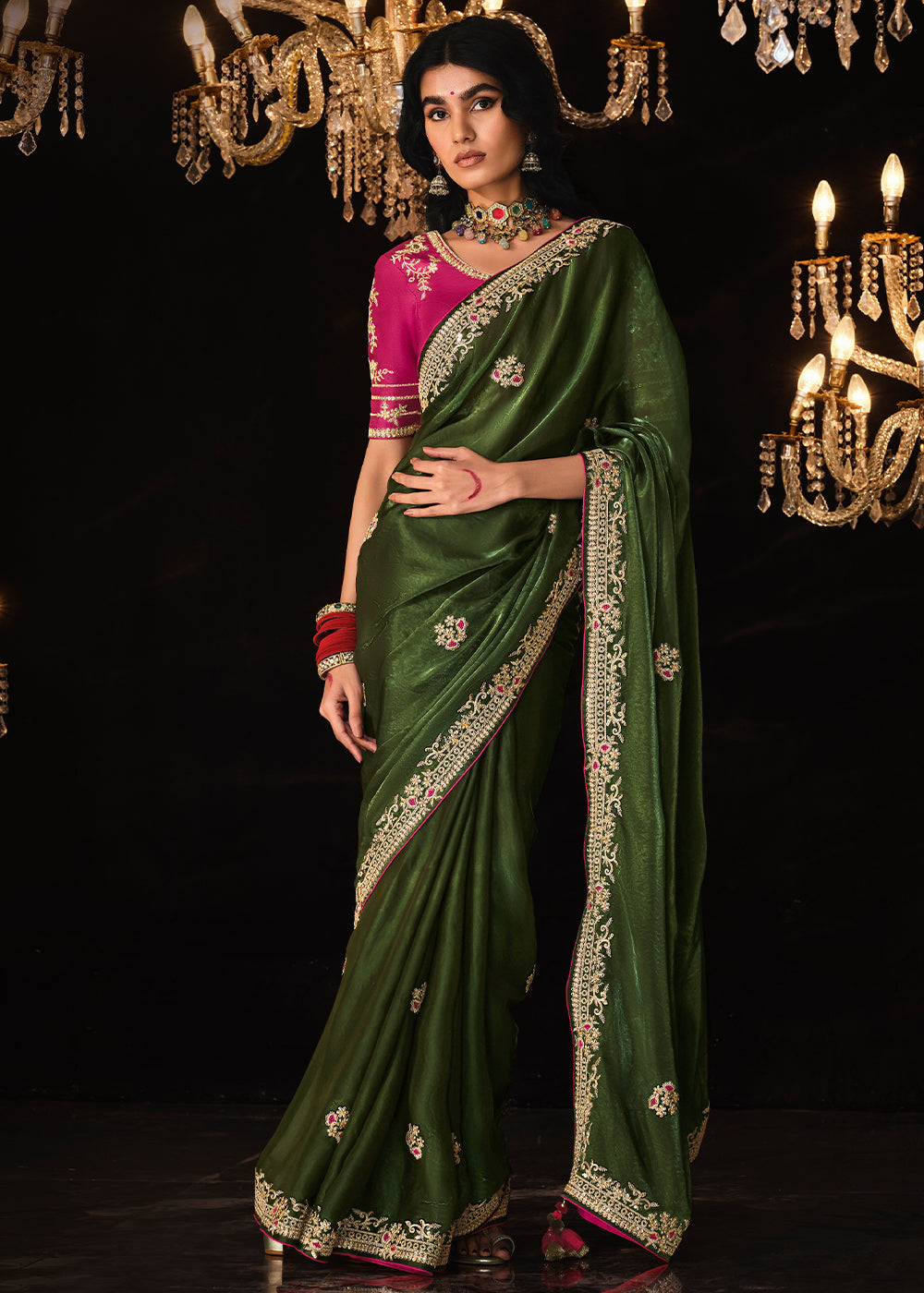 Dark Green Satin Silk Saree Embellished with Stone,Sequin,Embroidery & Zarkan work - qivii