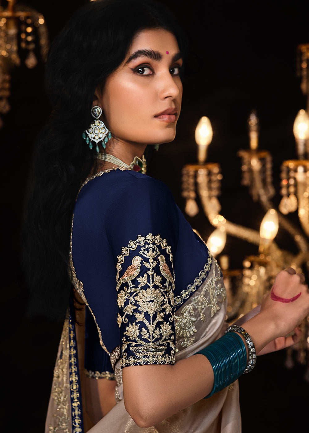 Light Greyish Brown Satin Silk Saree Embellished with Stone,Sequin,Embroidery & Zarkan work - qivii