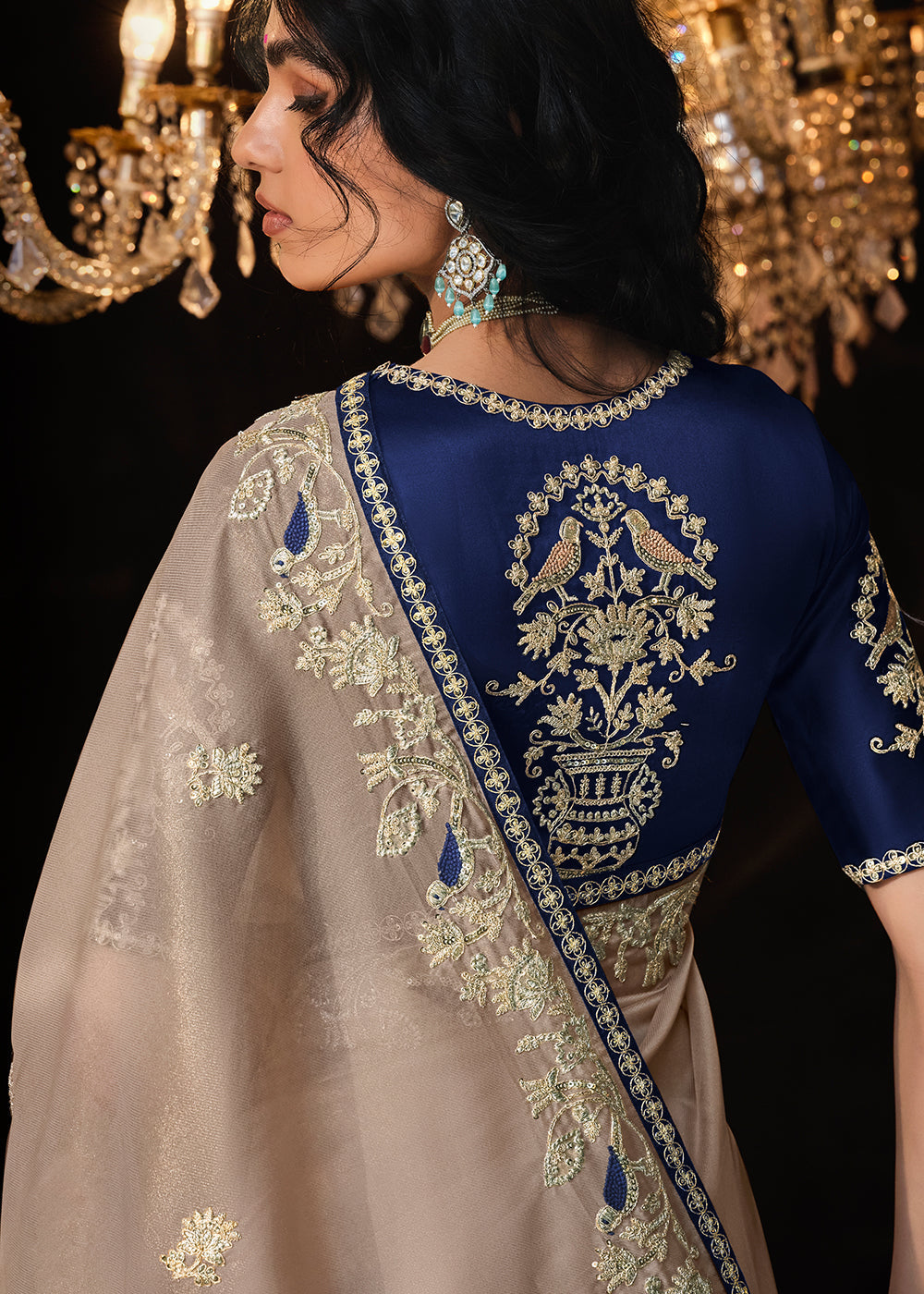 Light Greyish Brown Satin Silk Saree Embellished with Stone,Sequin,Embroidery & Zarkan work - qivii