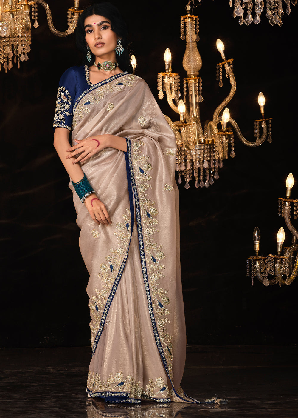Light Greyish Brown Satin Silk Saree Embellished with Stone,Sequin,Embroidery & Zarkan work - qivii