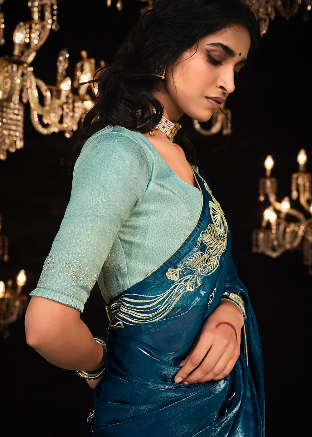 Prussian Blue Satin Silk Saree Embellished with Stone,Sequin,Embroidery & Zarkan work - qivii