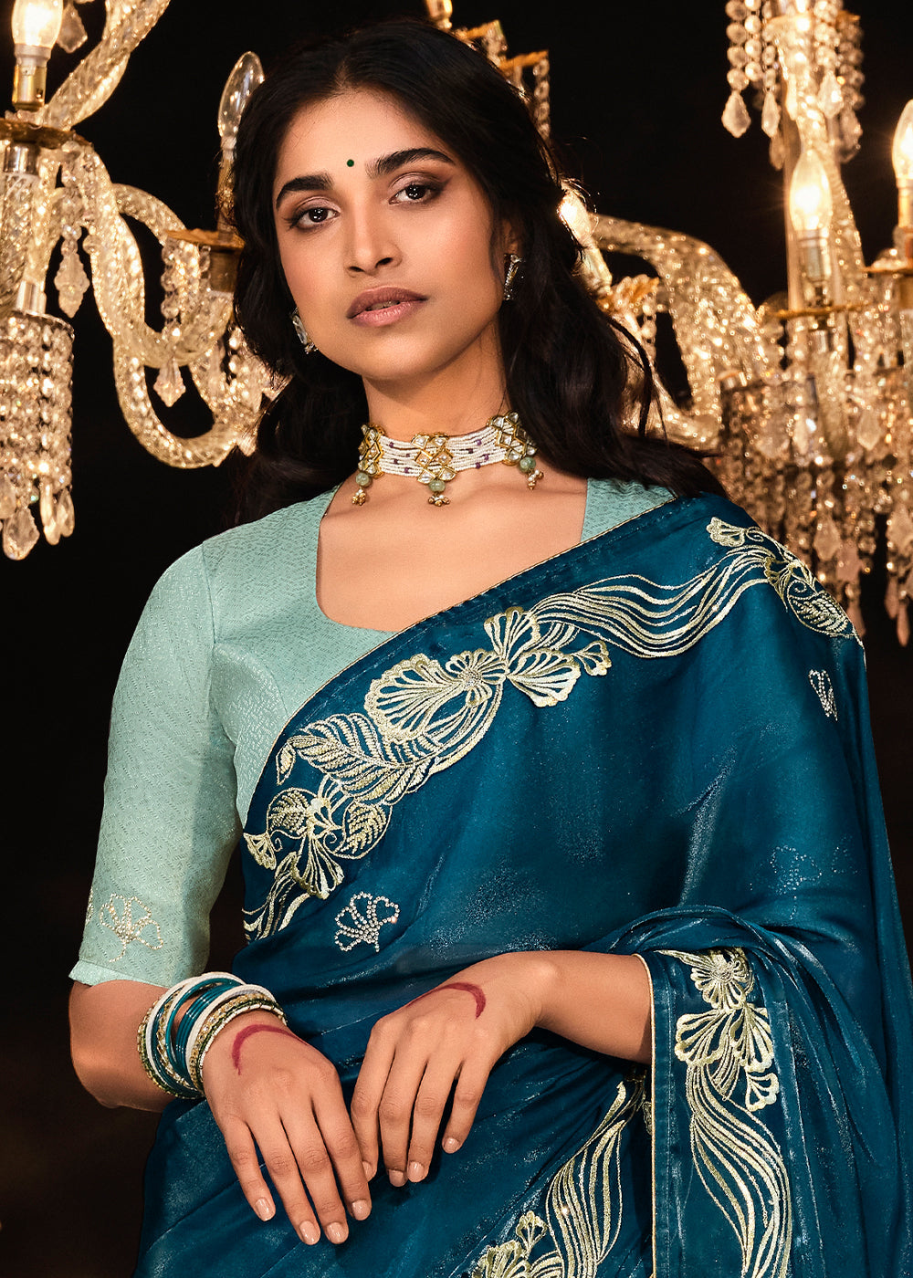Prussian Blue Satin Silk Saree Embellished with Stone,Sequin,Embroidery & Zarkan work - qivii