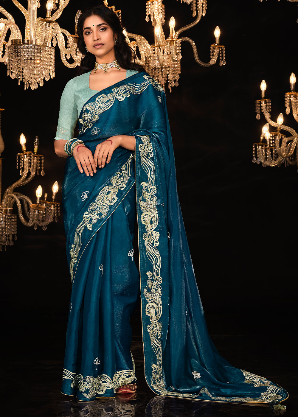 Prussian Blue Satin Silk Saree Embellished with Stone,Sequin,Embroidery & Zarkan work - qivii