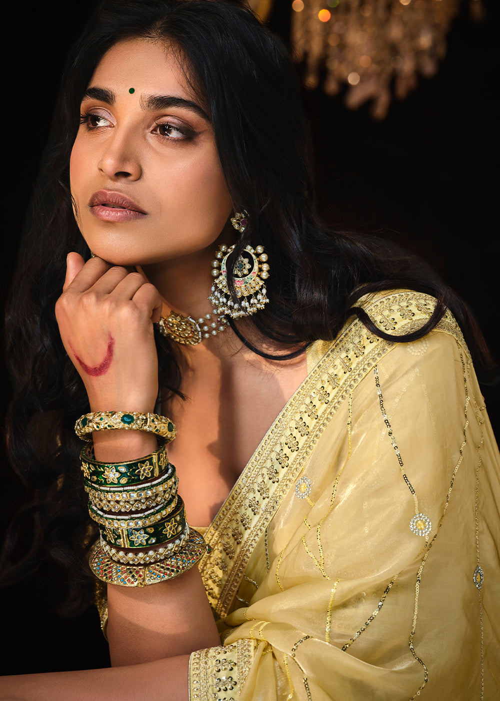 Light Corn Yellow Satin Silk Saree Embellished with Stone,Sequin,Embroidery & Zarkan work - qivii