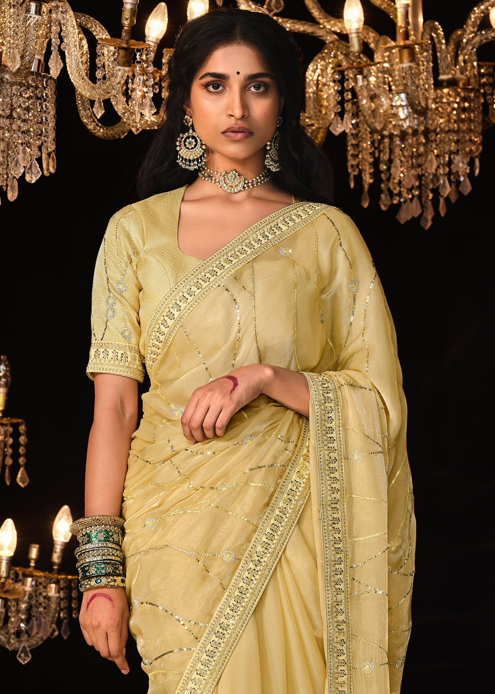 Light Corn Yellow Satin Silk Saree Embellished with Stone,Sequin,Embroidery & Zarkan work - qivii