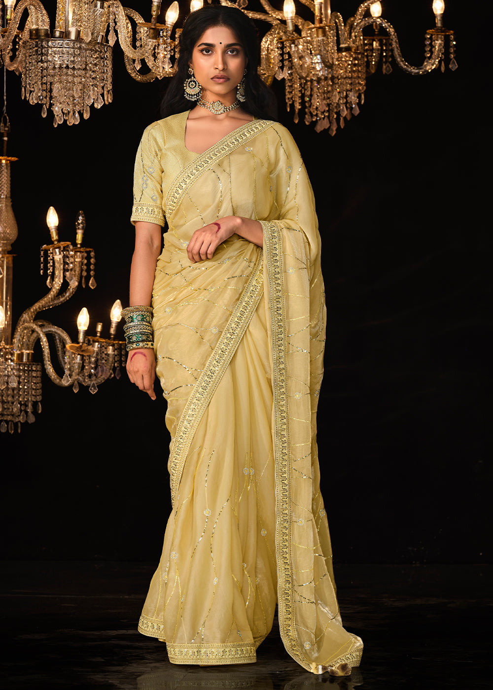 Light Corn Yellow Satin Silk Saree Embellished with Stone,Sequin,Embroidery & Zarkan work - qivii
